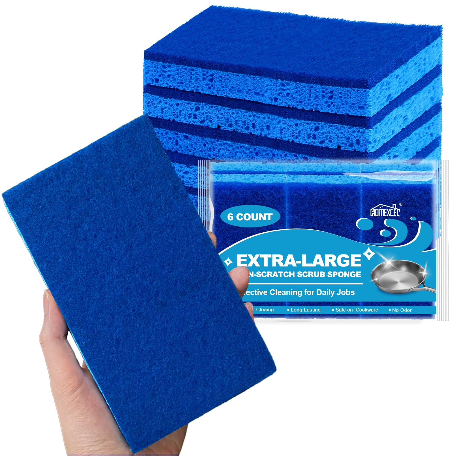 HOMEXCEL Extra Large Dish Sponge for Cleaning, Safe on Non-Stick Cookware, XL Non-Scratch Sponges Kitchen 6 Count, Dual Sided Scrub Sponges for Kitchen, Household, Bathroom and More