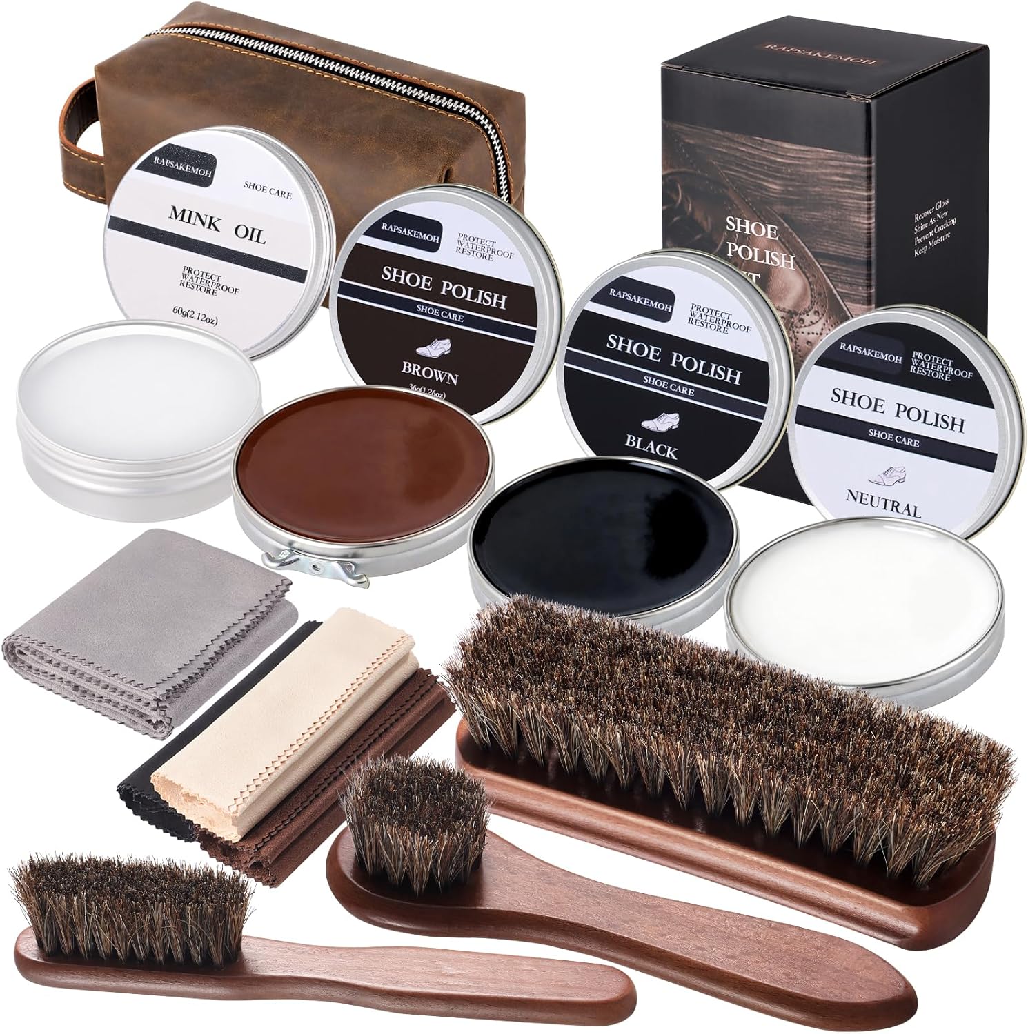 RAPSAKEMOH Shoe Polish Kit, Horsehair Brush Shoe Shine Kit For men, Shoes Boots Care Brushes Polish Kit