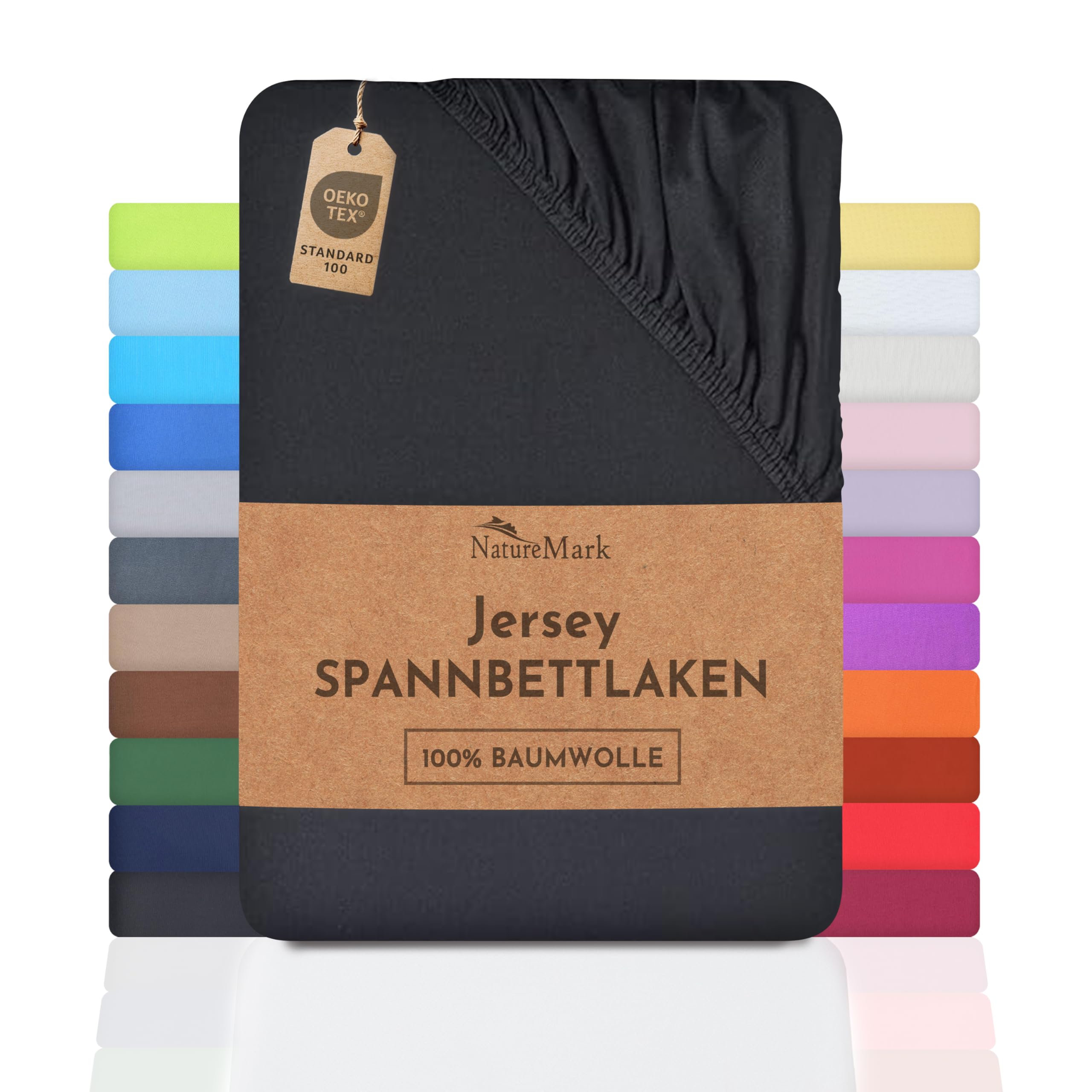 NatureMark Prześcieradło dżersejowe z gumką, 100% bawełna, w wielu rozmiarach i kolorach, markowa jakość, Öko-Tex Standard 100 (180x200-200x200 cm, Czarny)