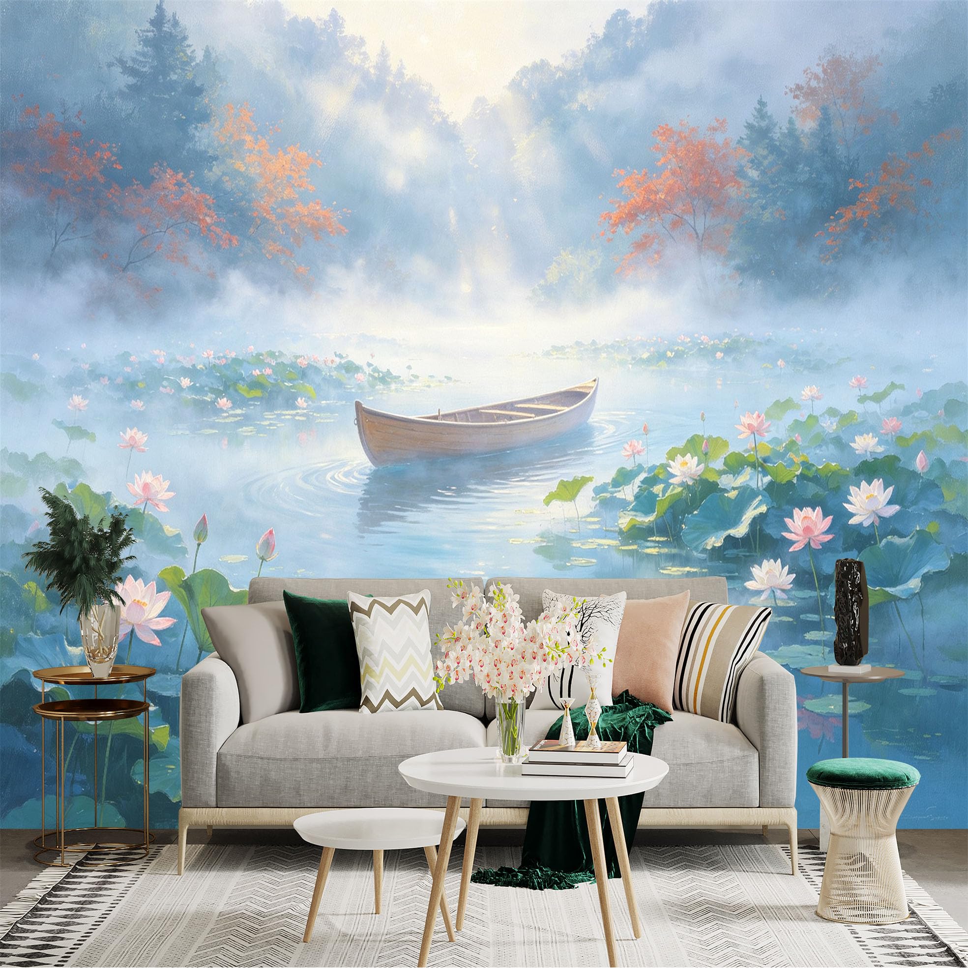 Custom Size Wall Sticker Mural， Serene Lake with Wooden Boat， Lotus Flowers， Morning Mist and Soft Sunlight， for wall Decoration， peelandstick wall Decals.