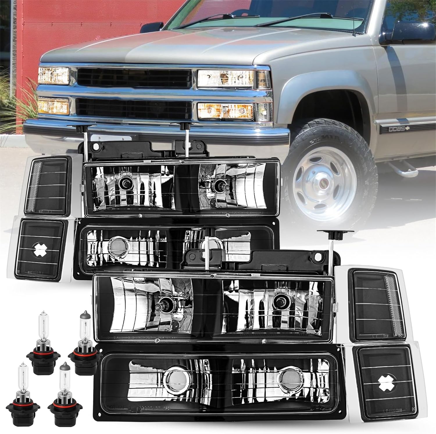 8PCS Headlight Assembly for 1994-1998 Chevy Silverado Tahoe Suburban C10 C/K 1500 2500 3500 Replacement BULBS Included Black & Clear NOT FIT GMC