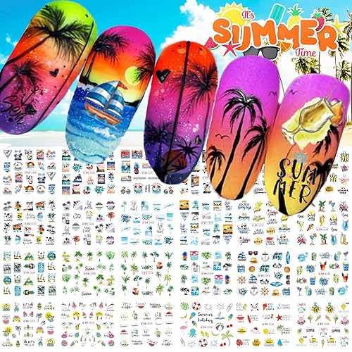 24 Sheets Summer Nail Art Stickers, Palm Tree Beach Water