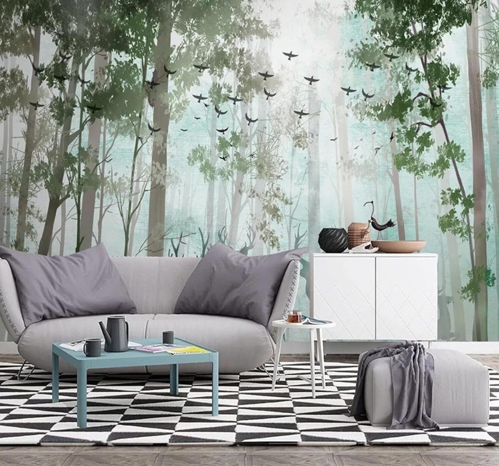 XLMING Fresh Green Forest Moose Landscape 3D Wallpaper Luxury Silk Study Dining Feature Sofa Grey Bedroom Living Room Tv Decorative Wall-300cm×210cm