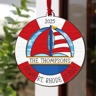 Personalized Newport Rhode Island Sailboat Wood Ornament 2025 – Custom Family Name Coastal Keepsake – Nautical Patriotic Holiday Decoration – Sailing Gifts Men – Rustic Holiday Keepsake