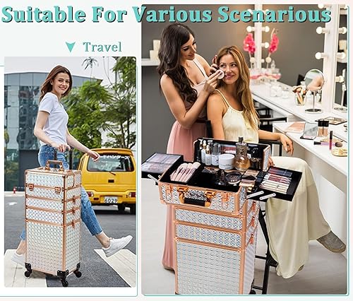 Miniatura 2 de Estuche de maquillaje profesional 5 en 1, estuche de aluminio para cosméticos, estuche de maquillaje con ruedas giratorias de 360 , Blanco, Estuche