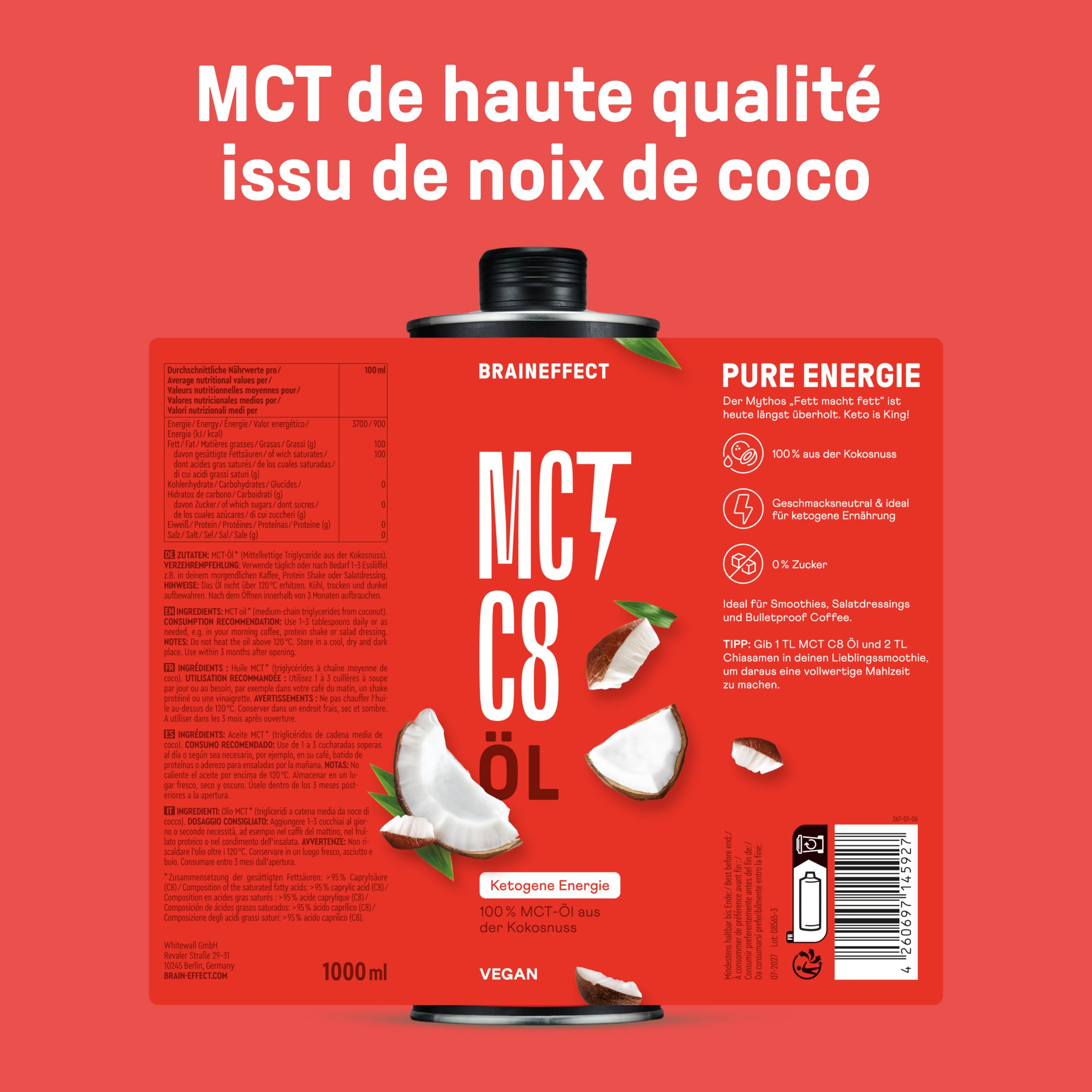 BRAINEFFECT Huile MCT 100% C8 - Qualité allemande - Huile C8 pure (sans C10) issue d'extrait de noix de coco de première qualité - 1000 ml - Bouteille métallique protectrice