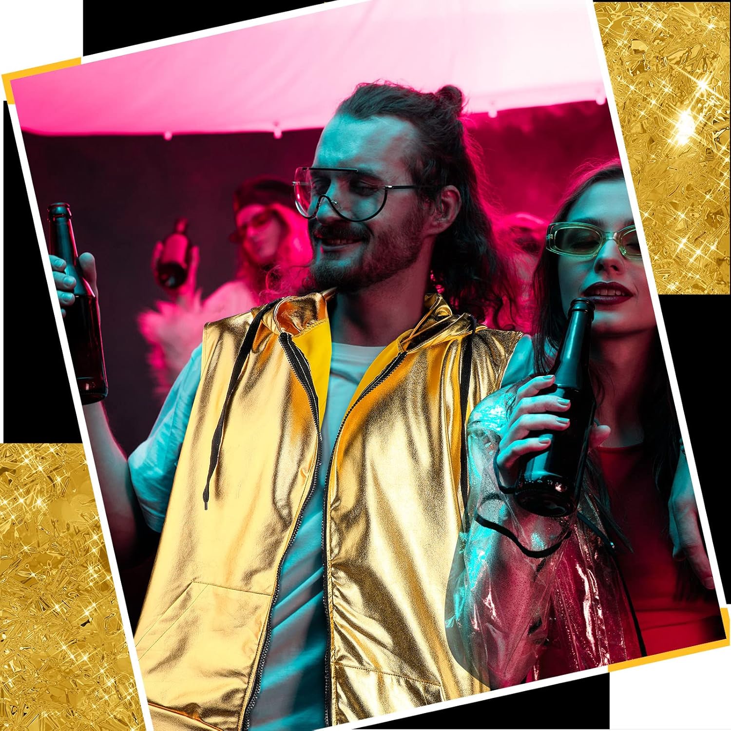 Sintege Men's Metallic Shirt 70s 80s Men Disco Outfit Metallic Hooded Tops Hoodie Shirts for Disco Party - Image 5