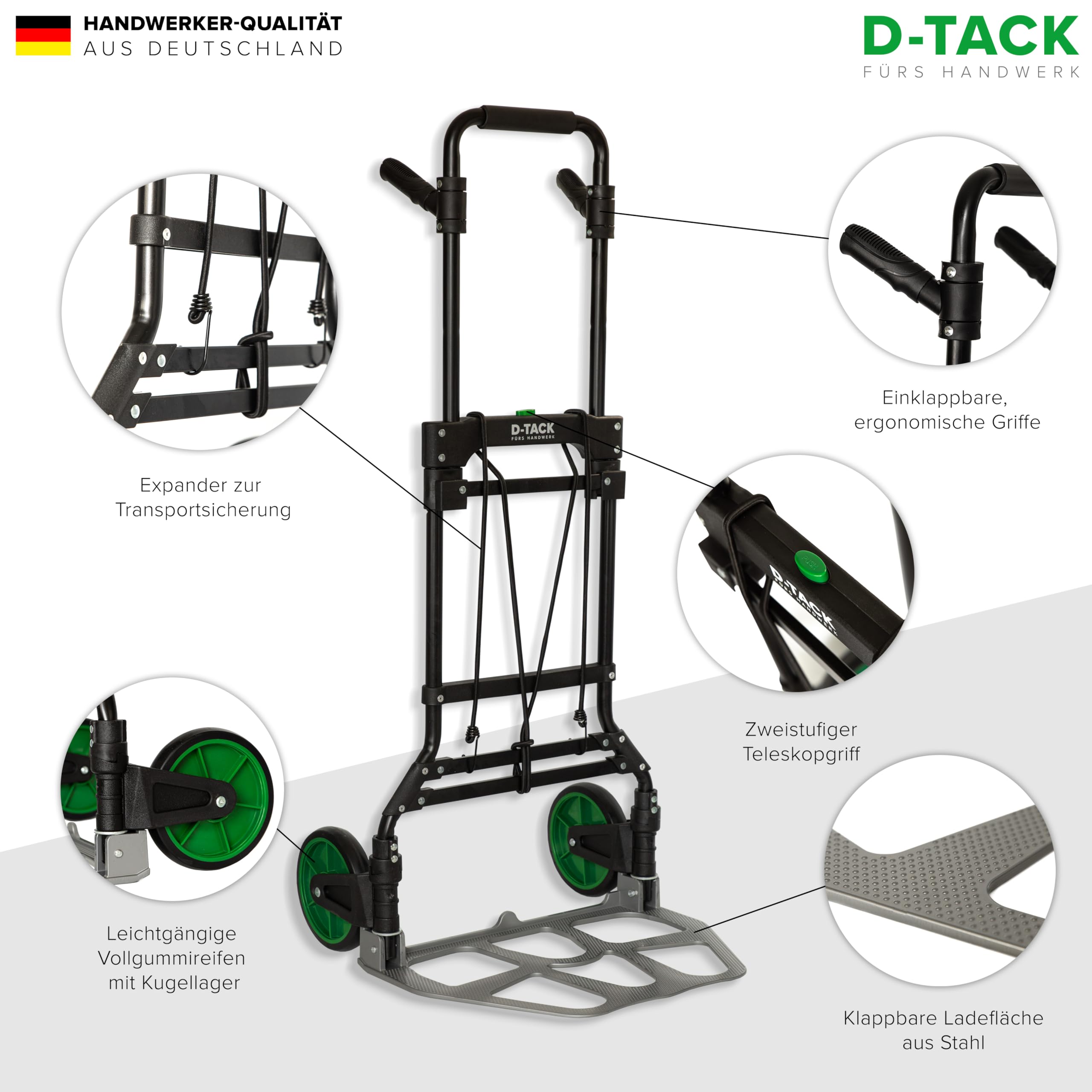D-TACK Sackkarre aus Aluminium-Stahl | Traglast 150 kg | Teleskopgriff 110 cm | Mit 2 gummiummantelten, einklappbaren Rädern | Klappbare Transportkarre | Hochwertige Handkarre