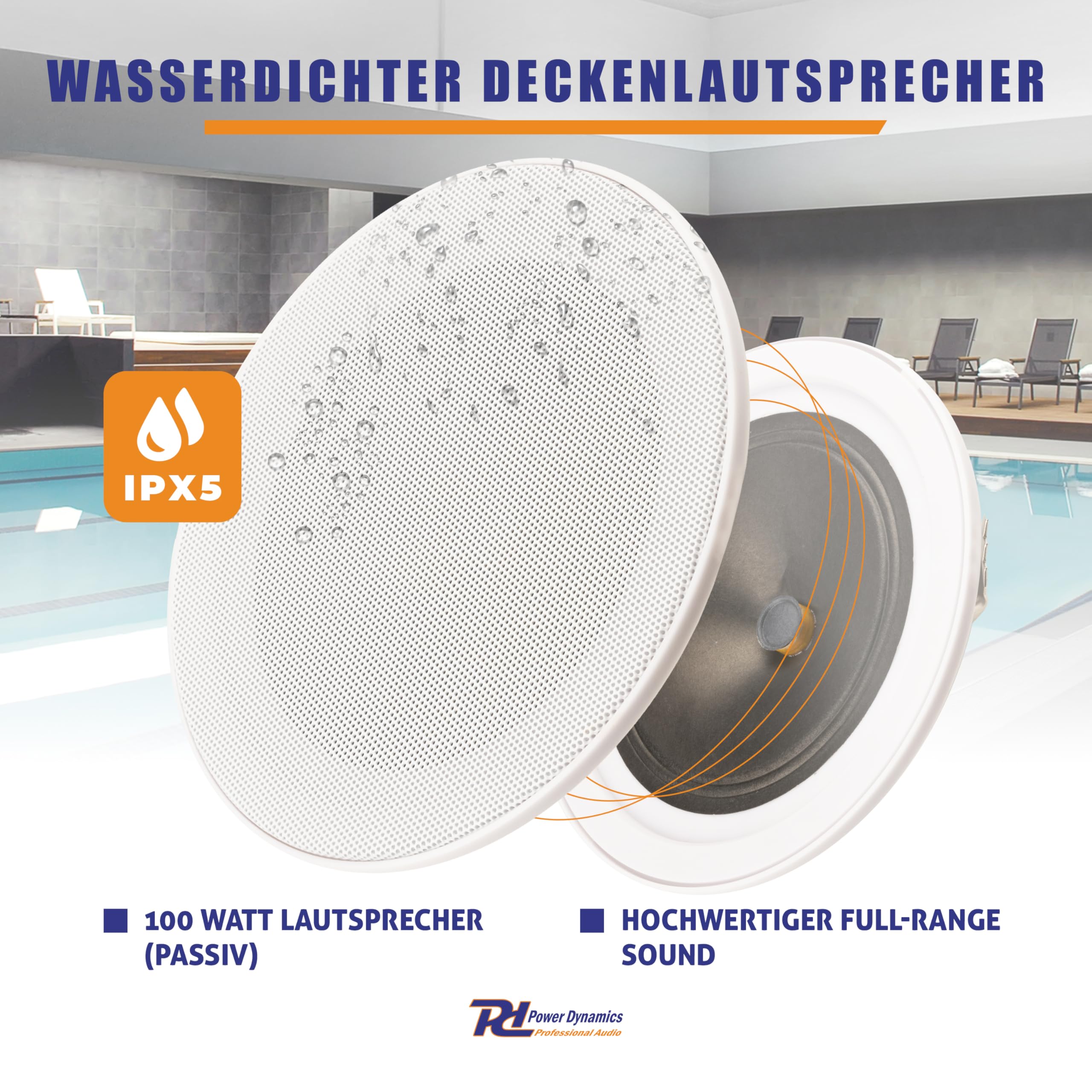 Power Dynamics MSLP65 - Deckenlautsprecher Wasserdicht, 100 Watt, IPX5 Einbaulautsprecher Decke Outdoor, Flach & Randlos – 8 Ohm, 170mm x 74mm, Ceiling Speaker - Weiß