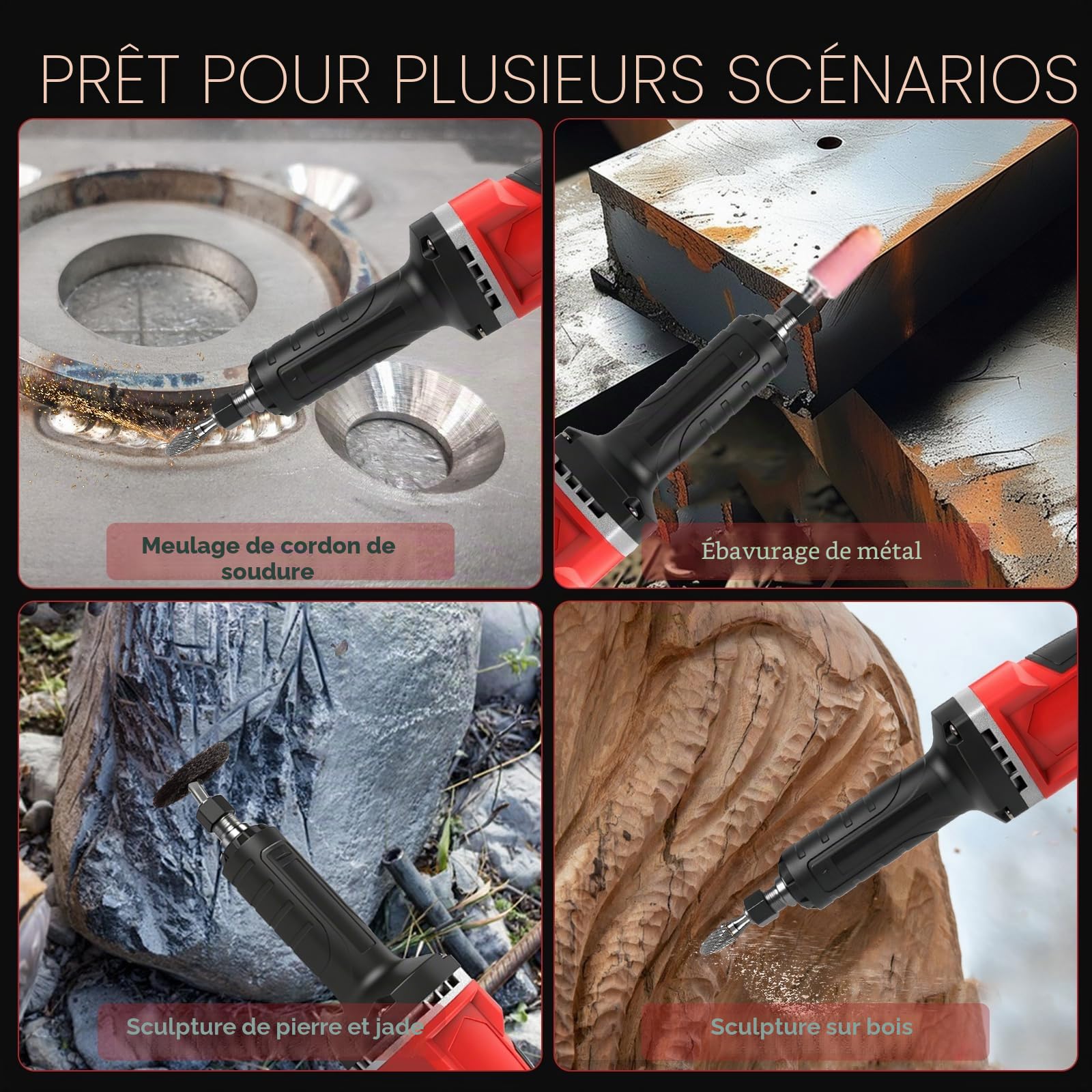 Meuleuse droite sans fil compatible avec batterie Milwaukee 18 V, 24 000 tr/min sans balais avec perceuse de 6 mm pour meulage, polissage, ébavurage (outil uniquement)