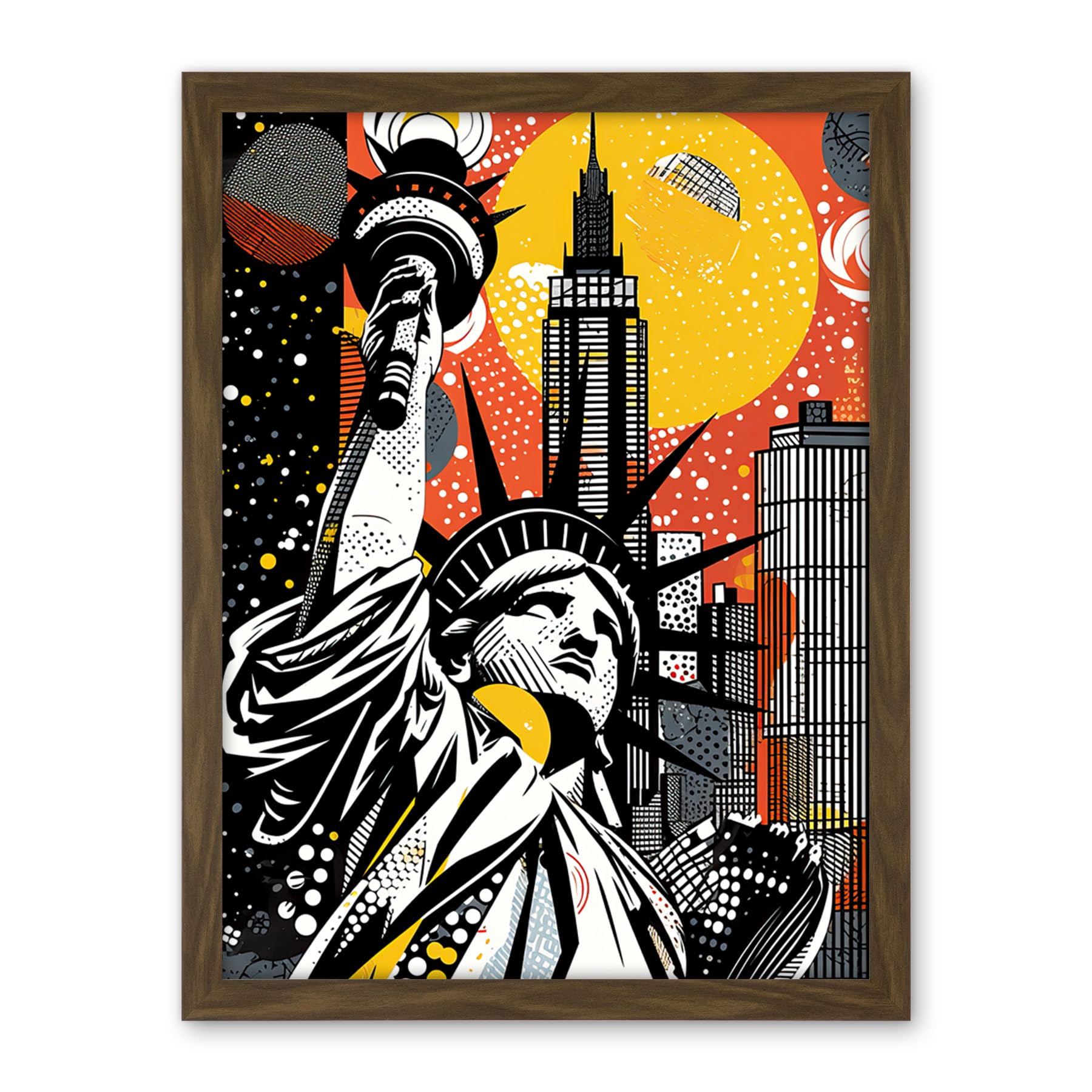 Artery8 New York Collage Halftone Pop Art Comic Book Statue of Liberty Skyscraper Abstract Artwork Framed Wall Art Print 18X24 Inch