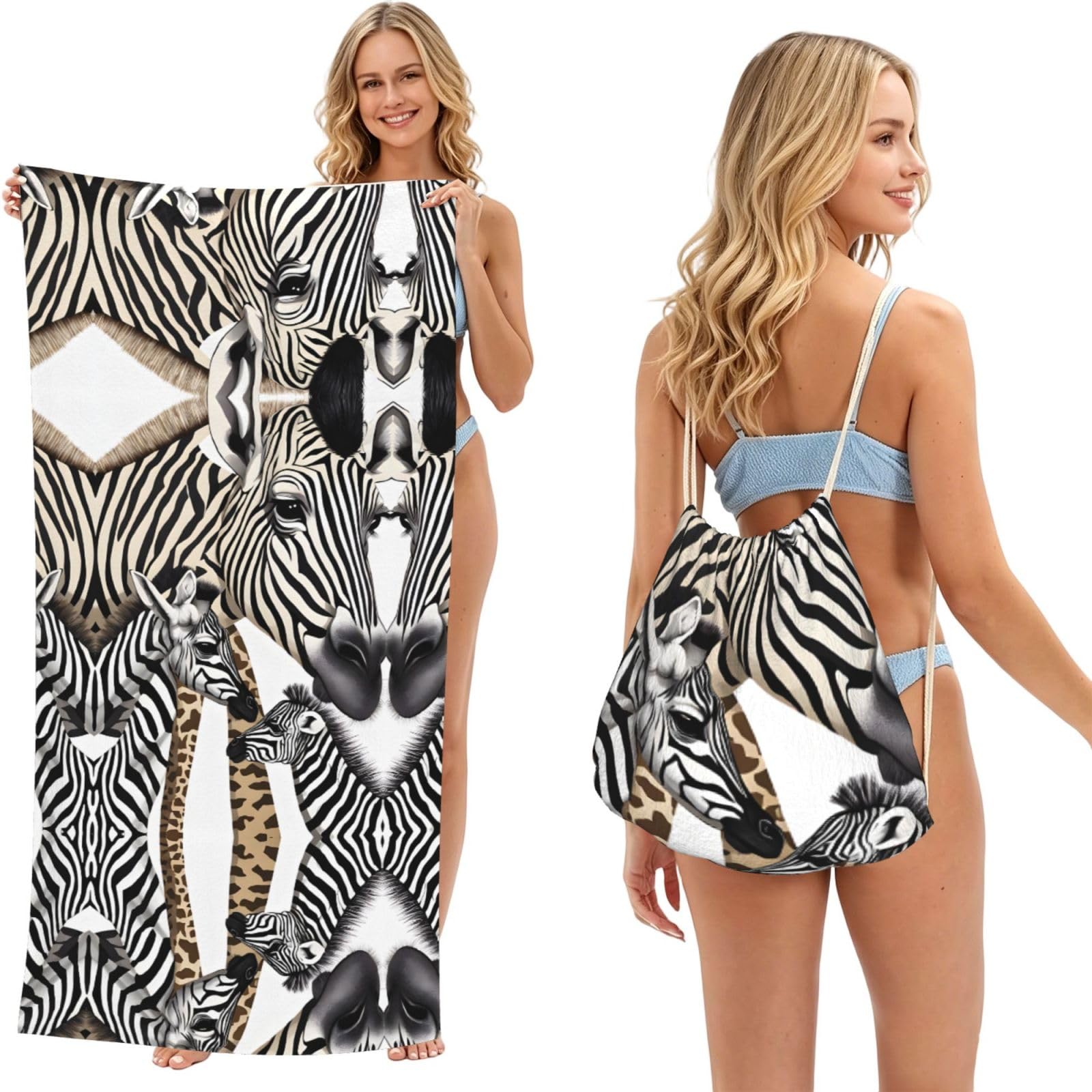 EZDLOWVBA Zebra And Giraffe Print Beach Towel Backpack 2 In 1 Summer Large Lightweight Beach Towel - Multifunctional Ship Pattern Towel Bag For Storage,Sport