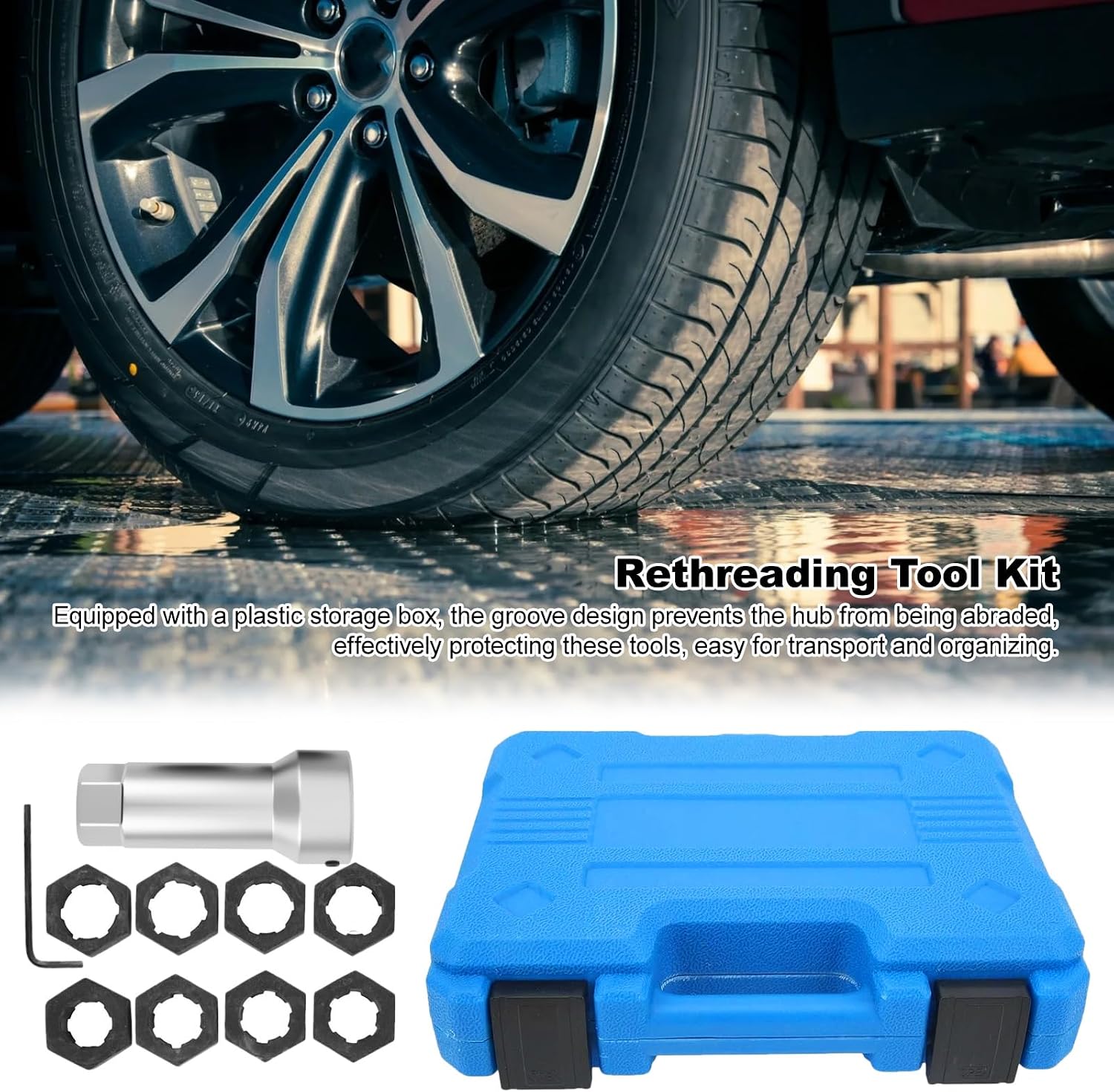 Axle Spindle Threading Set, 10pc Axle Thread Repair Kit, Includes 6 Metric & 2 SAE Thread Repair Kit M20 M22 M24 & 13/16" 3/4" UNEF Nuts with Extended Rod & Wrench Alloy Steel for Car Axle Repair