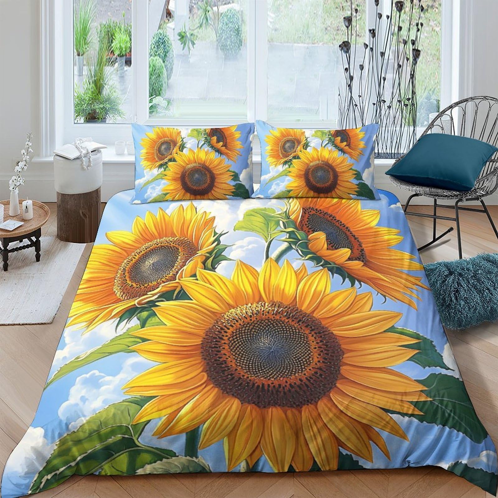 Ctjqhvkz Style-3 3D Printed Sunflower Meadow Fitted Sheet Microfiber Non-Slip Easy Care Blue Bed Cover For Bedroom Guest Room Decor Single（135X200cm）