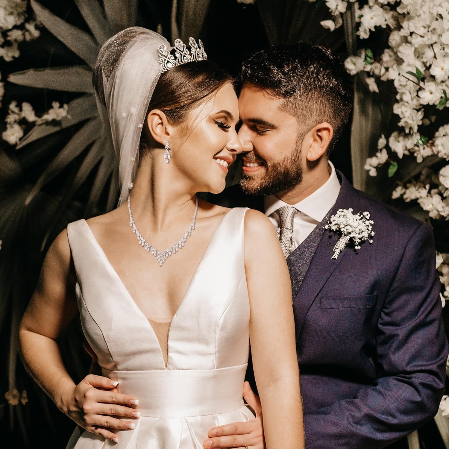 Crysdue Wedding Bridal Jewelry Sets for Women Brides Bridesmaid, Gorgeous Sparkly Cubic Zirconia Marquise Leaf Cluster Necklace Dangle Earrings for Prom Party Pageant - Image 3