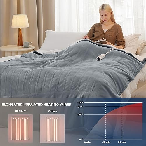 Miniatura 2 de Bedsure Manta térmica eléctrica individualmatrimonial, manta eléctrica de franela, manta térmica con 10 ajustes de tiempo, 6 ajustes de calor y