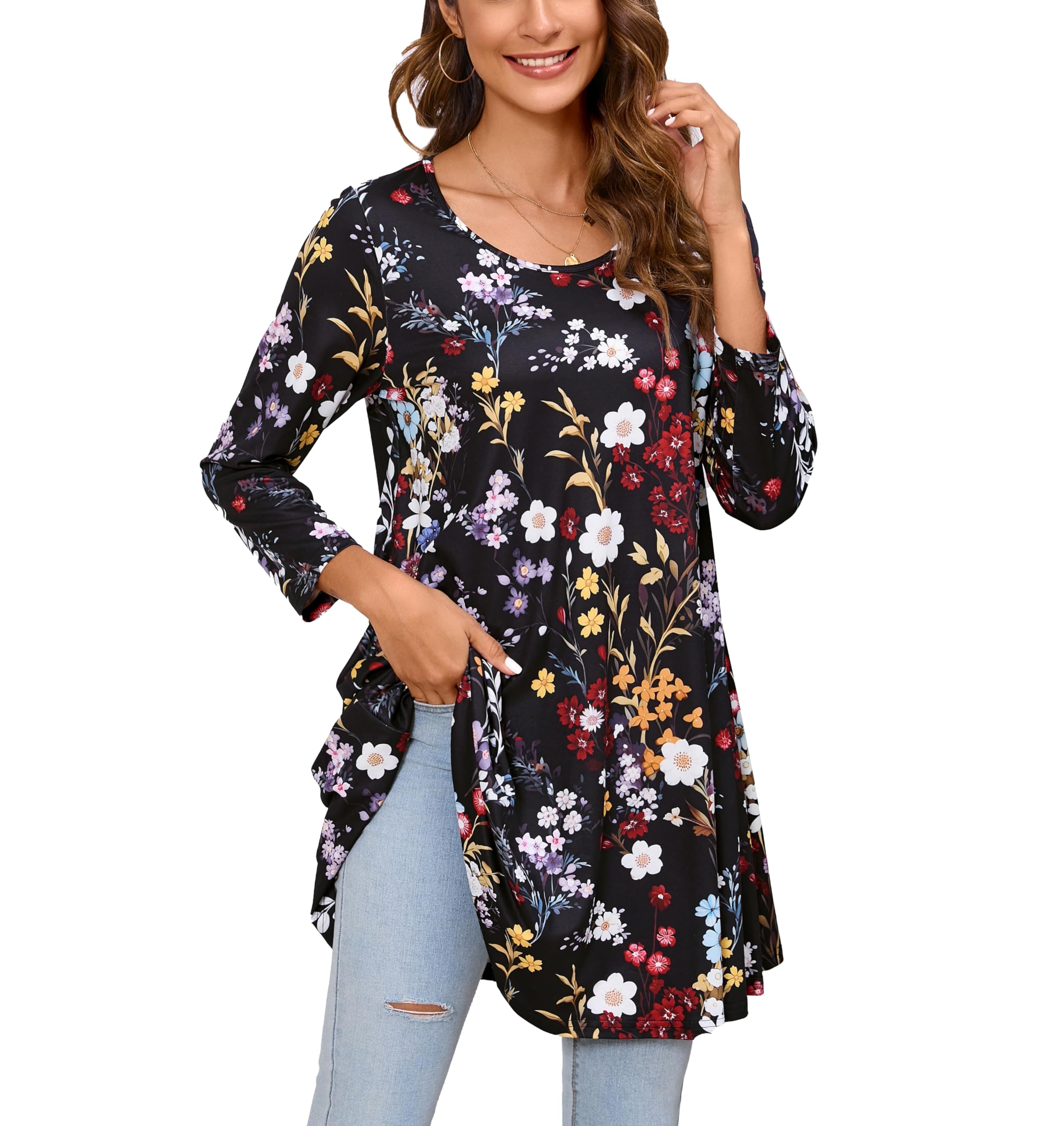 ENMAIN Women's Tunic Top 3/4 Sleeve Plus Size Tunic Tops to Wear with Leggings Ladies Casual Swing Dressy Blouses