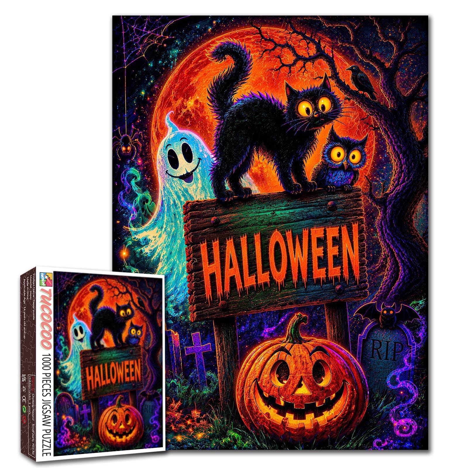 Cute Ghost and Cat Jigsaw Puzzle Jack O Lantern Halloween Sign 1000 Pieces Puzzles for Adults Beginner Gothic Style Picture Challenging Family Activity Games DIY Crafts Puzzle for Home Decor Gifts โ image 1