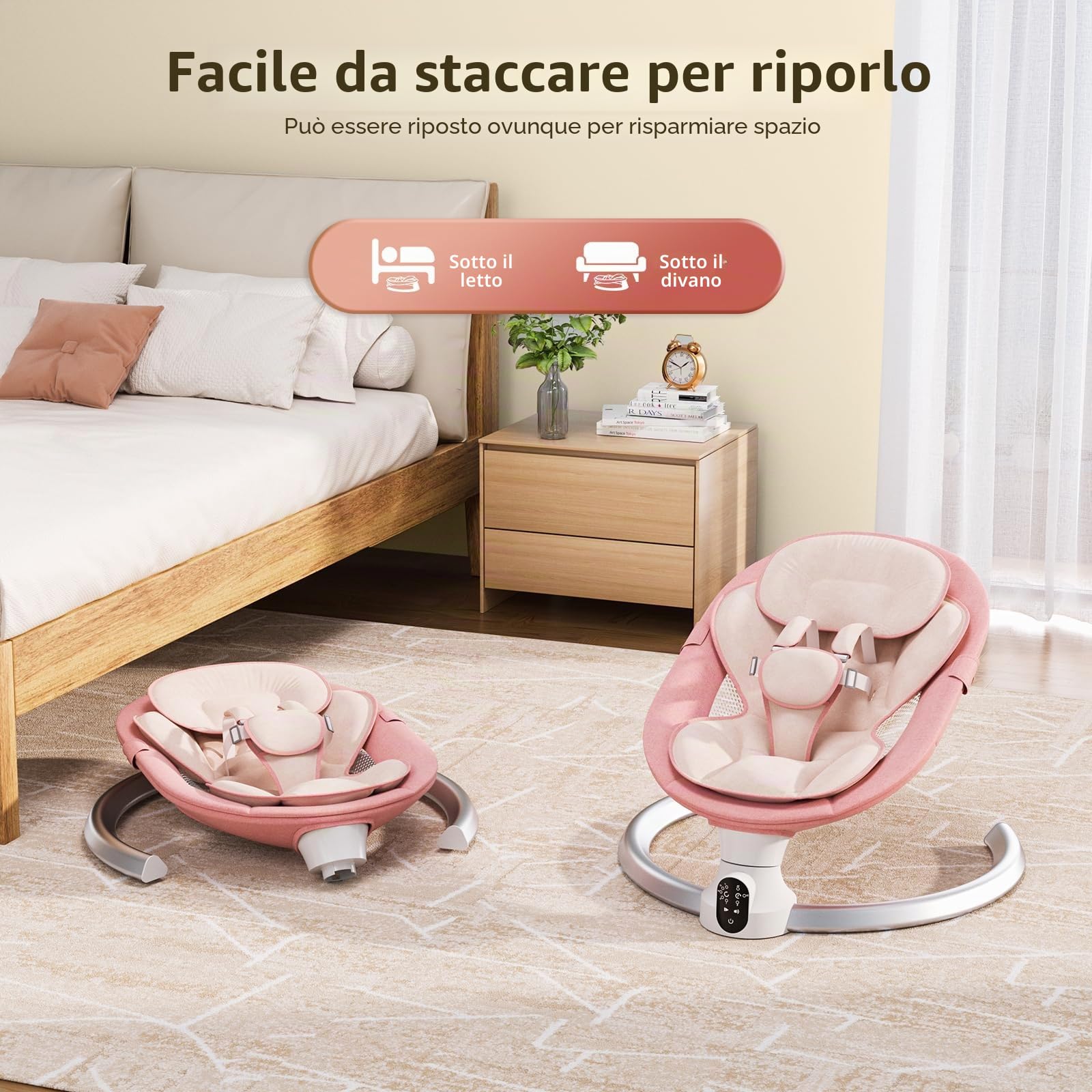 Sdraietta Neonati Elettrica 0-9 kg, Dondolo Neonati Elettrico con Telecomando e Bluetooth, Sdraietta con 5 Ampiezza di Dondolio e Cintura di Sicurezza a 5 Punti,Rete per Insetti (Rosa)