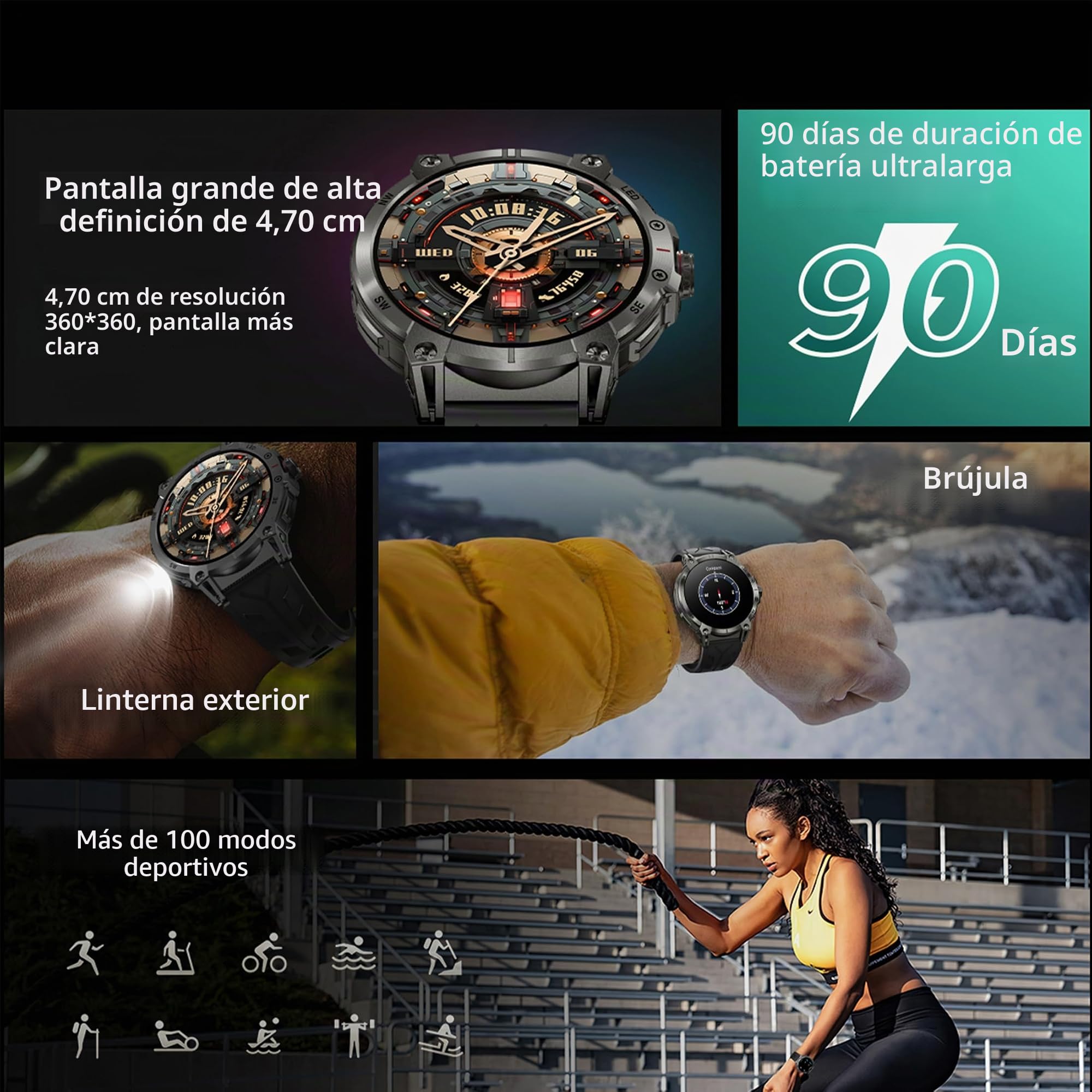 Reloj inteligente AMOLED 1,85 pulgadas para hombre con teléfono, linterna, 5 ATM, rastreador de actividad 123 modos deportivos, presión arterial, monitor de sueño, podómetro