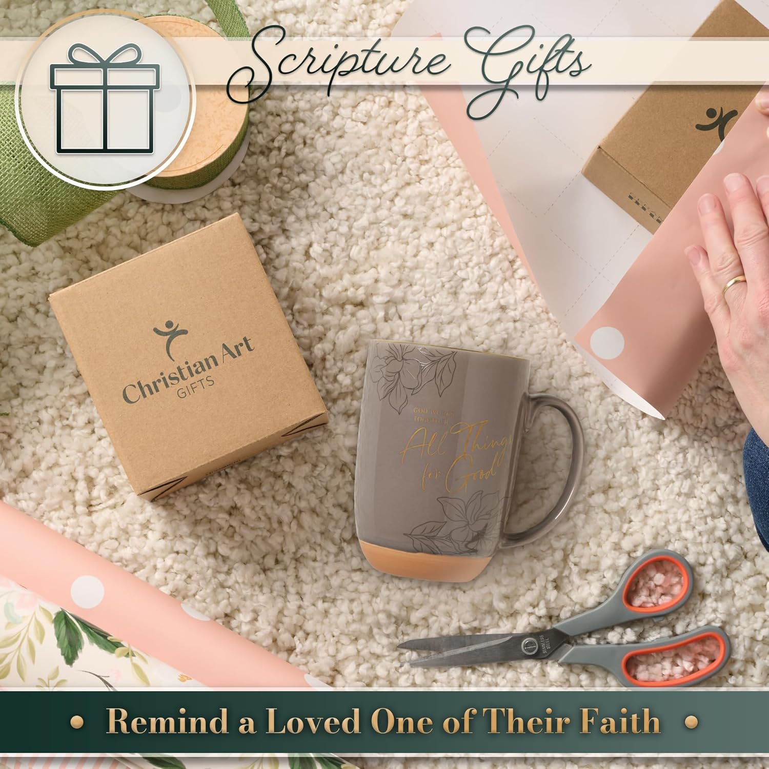 Christian Art Gifts Large Inspirational Ceramic Bible Verse Coffee & Tea Mug for Women: All Things for Good Encouraging Scripture, Novelty Golden Beverage Cup, Clay Base, Taupe & White Floral, 15 oz. - Image 5