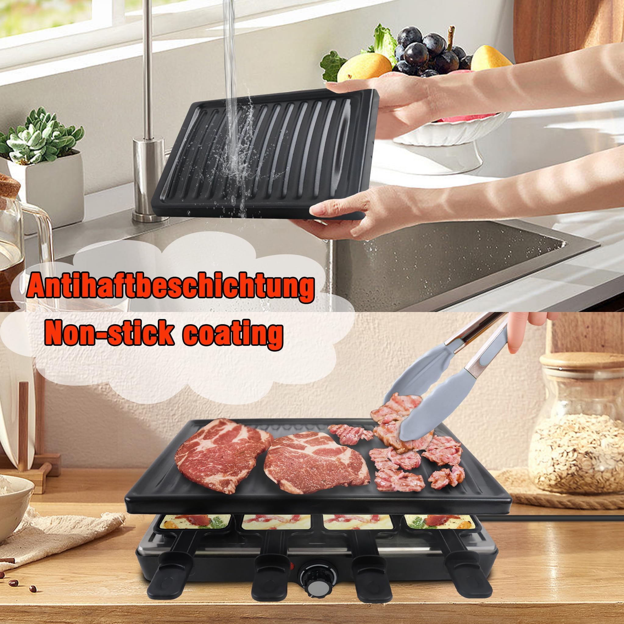 ACXIN Grill raclette dla 8 osób, z naturalnym kamieniem do grillowania i powłoką zapobiegającą przywieraniu, 8 patelni i drewniana szpatułka, maks. 1400 W, elektryczna patelnia grillowa, do użytku