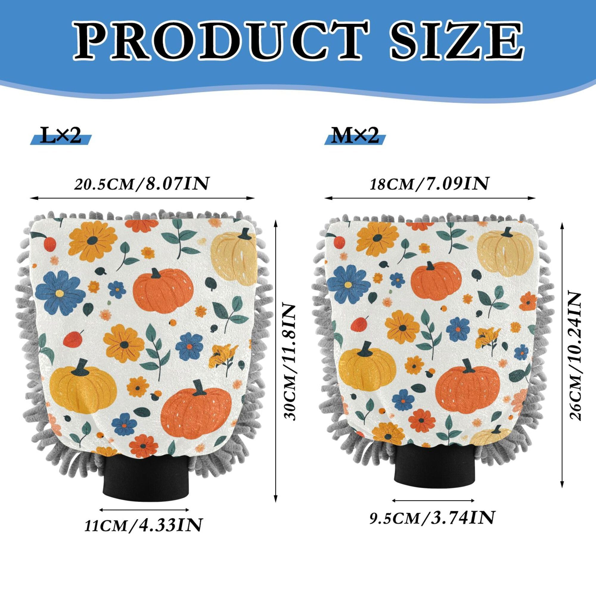 Fall Cartoon Flowers Pumpkins Microfiber Mitt for Cars 11.8'' Car Washing Glove Scratch Free Detailing Clean Rag for Auto Supplies
