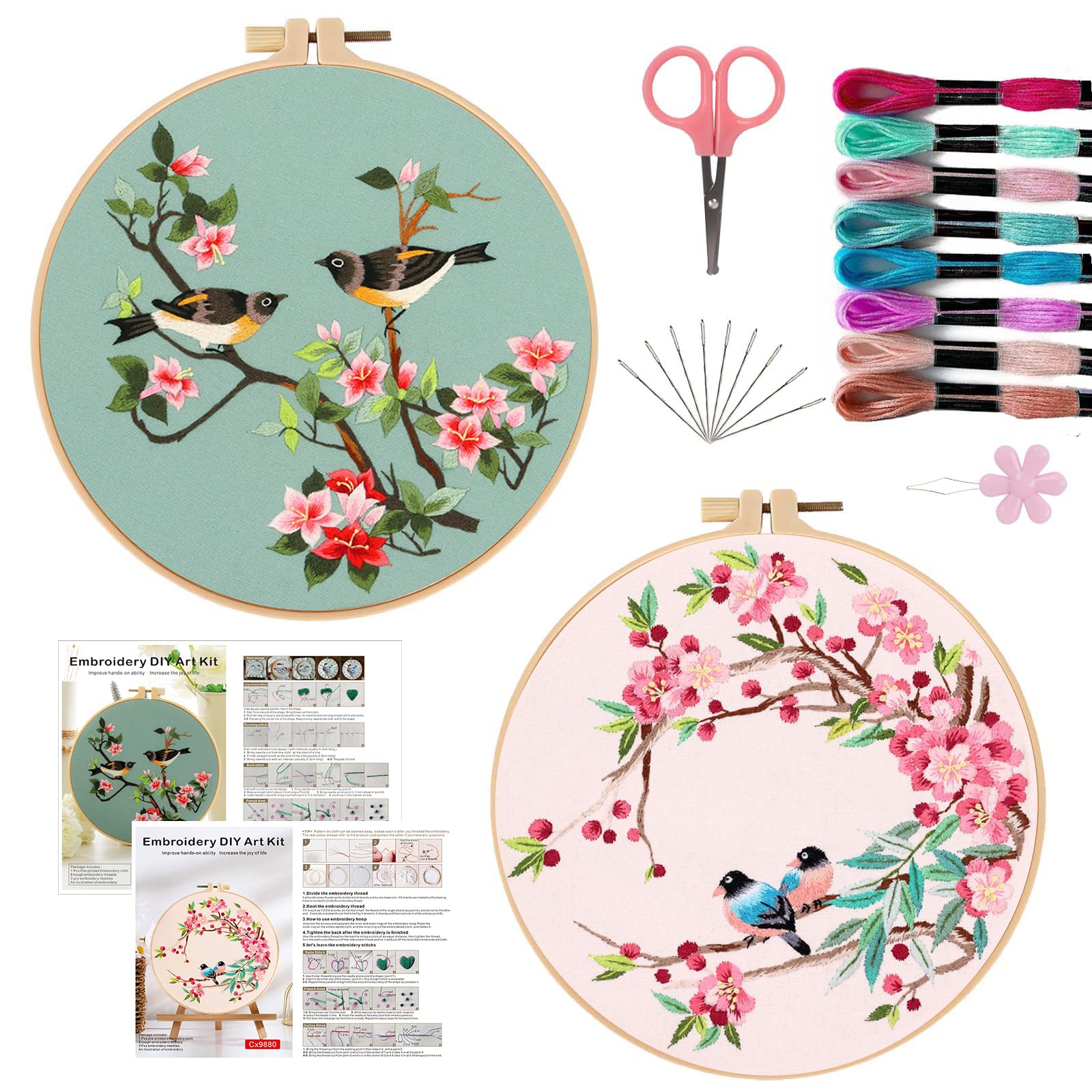 Offizon 2 PCS Embroidery Kit for Beginners - Cross Stitch DIY Craft Set, Embroidery Accessories & Hoop Included, Hand Embroidery Kit for Adults Stitching Sewing Kit Gift | Bird and Flower Patterns โ image 1
