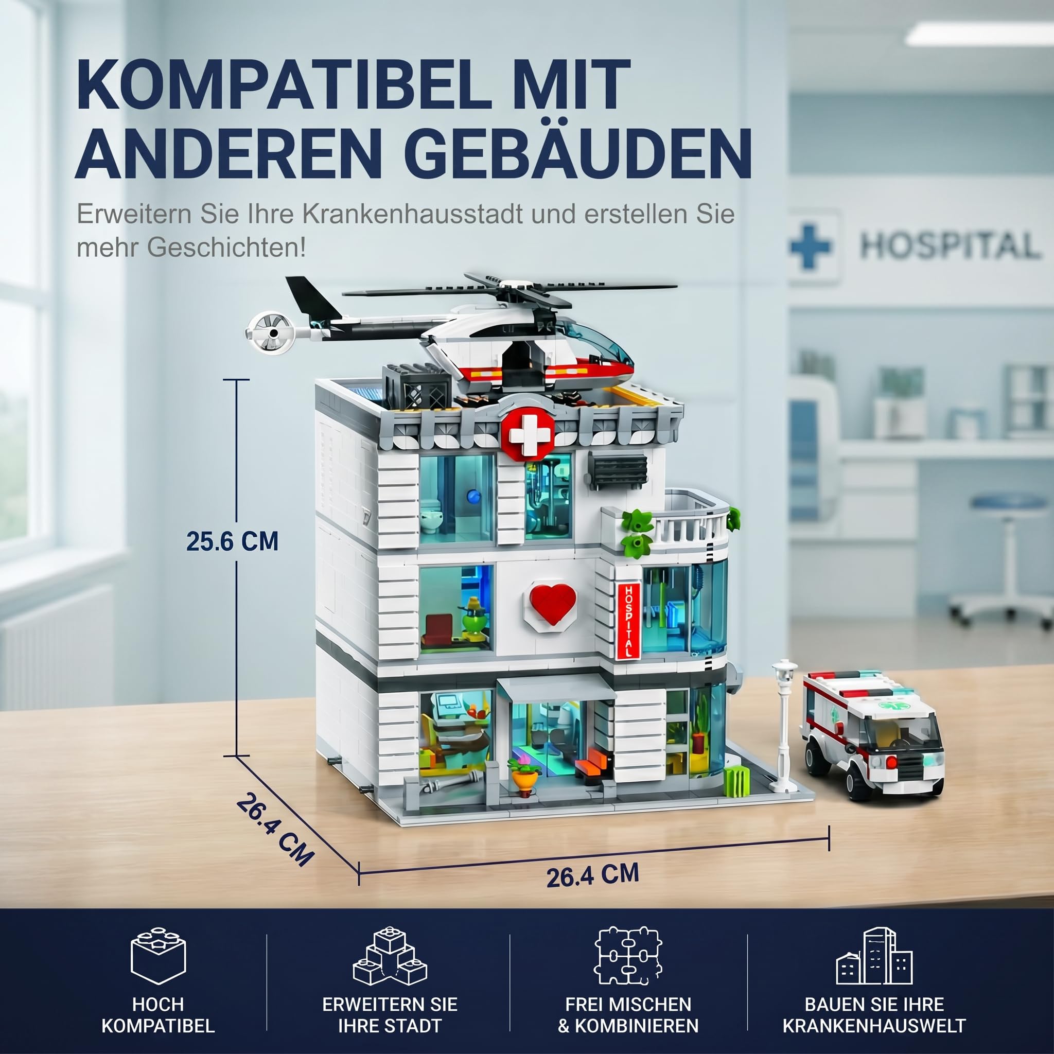 Klemmbausteine Krankenhaus mit Helicopter & Krankenwagen - 4953 Teile Hospital City Haus Architecture, Stadt Gebäude Modular Buildings Set für Erwachsene - Sammlerstück Geschenk