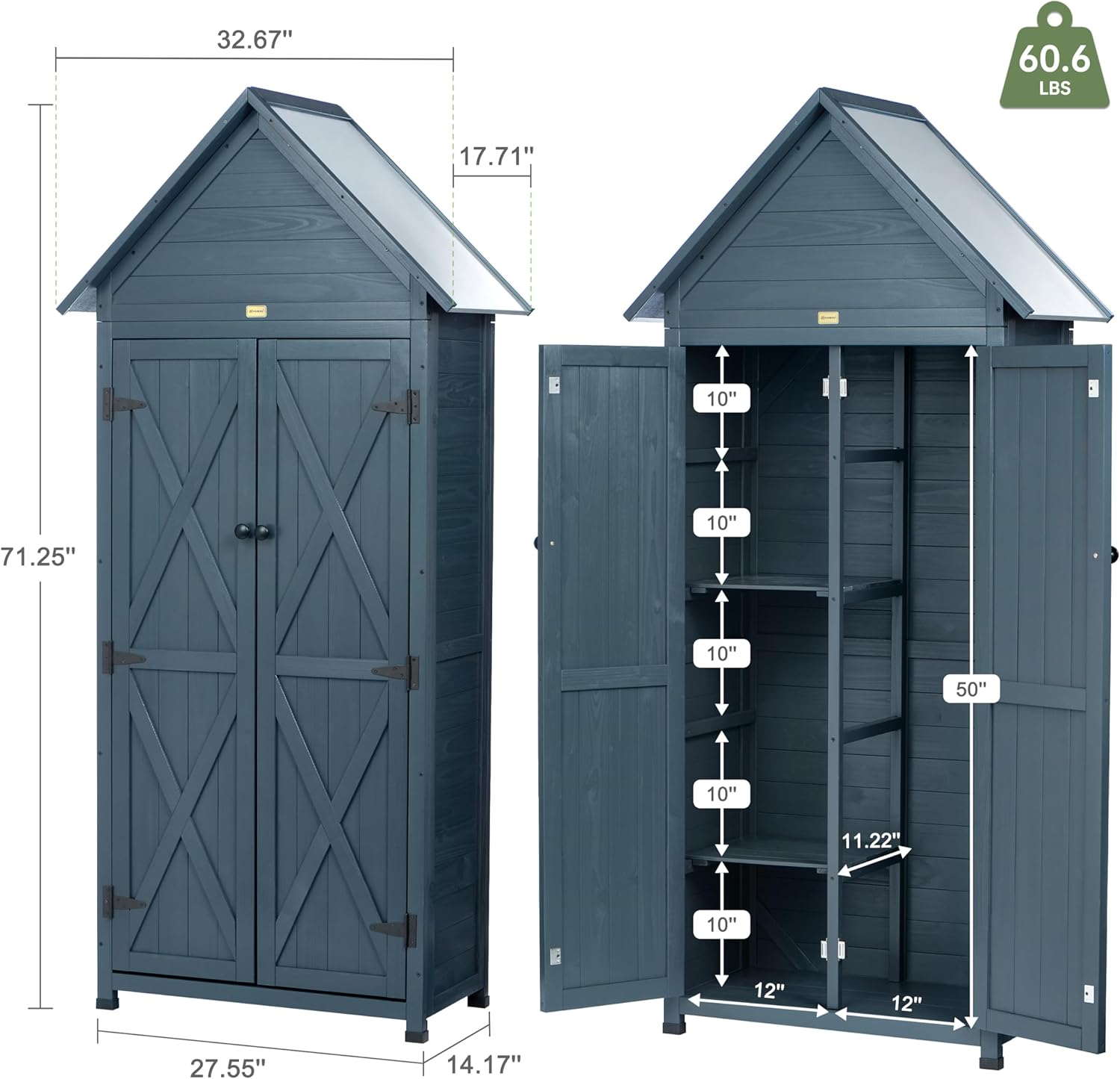 Outdoor Storage Shed with Floor & Adjustable Shelves, Wooden Garden Tool Cabinet Weatherproof, 71" Vertical Patio Organizer