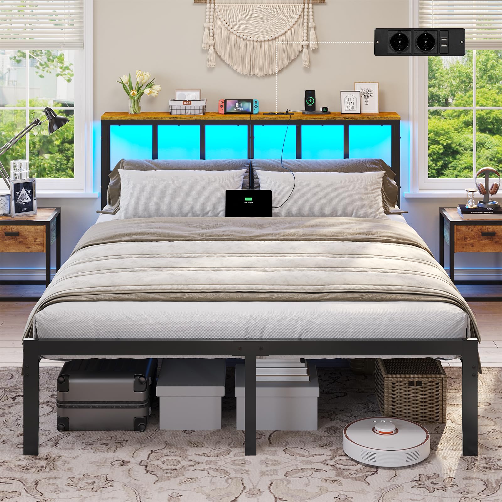 Brinlawb Bett 140x200 mit Lattenrost aus Metall, Bettgestell 140x200cm mit LED Beleuchtung, Ladestation (2 AC-Steckdosen,2 USB-Anschlüsse) Metallbett 140x200 cm mit Kopfteil und Stauraum Doppelbett