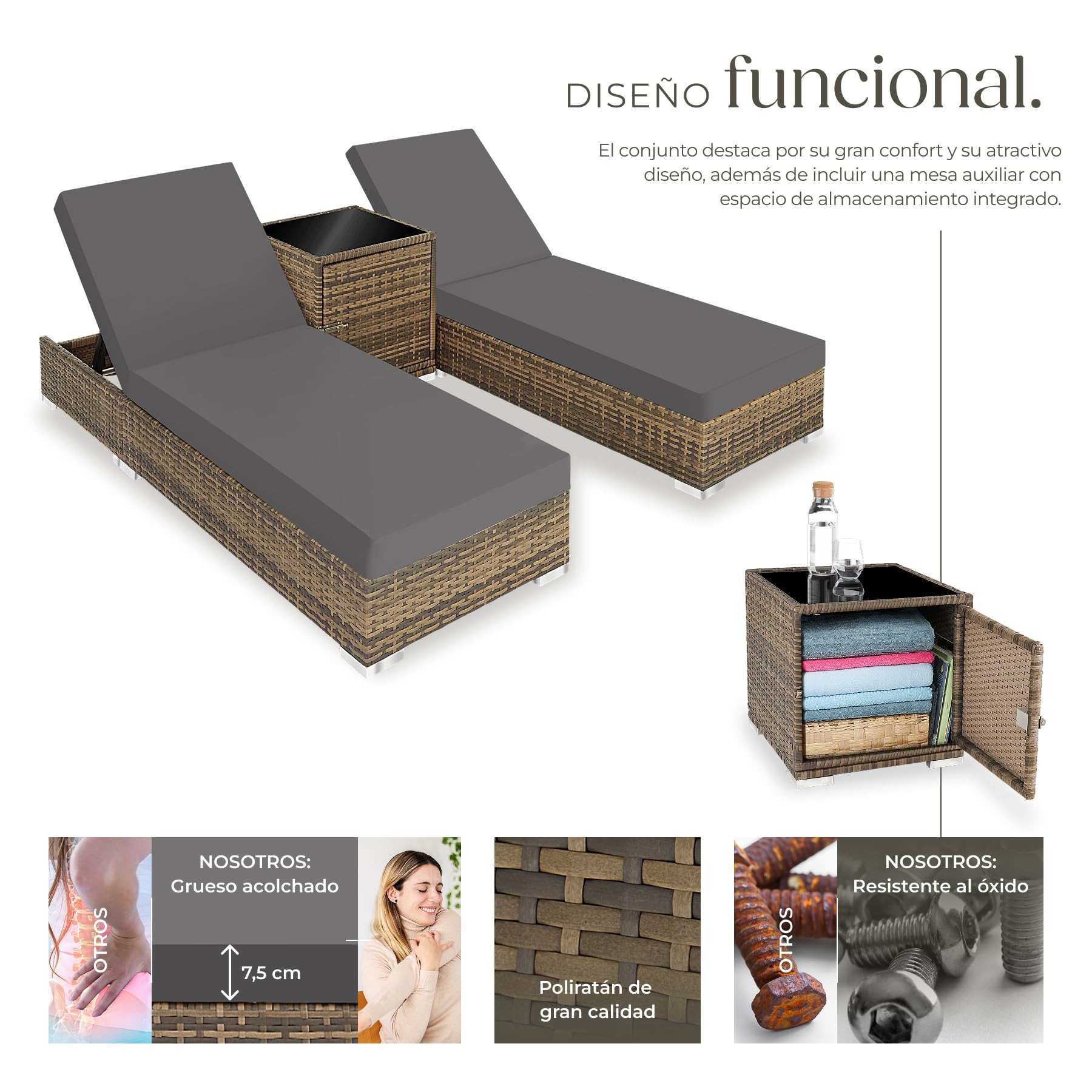 tectake® Set 2 Tumbonas de Ratán y Aluminio + Mesa Jardín, Tumbonas Piscina Respaldo Regulable, Tumbonas Playa Resistente a Rayos UV, Fácil Limpieza, Fundas Intercambiables, Funda Protectora - natural