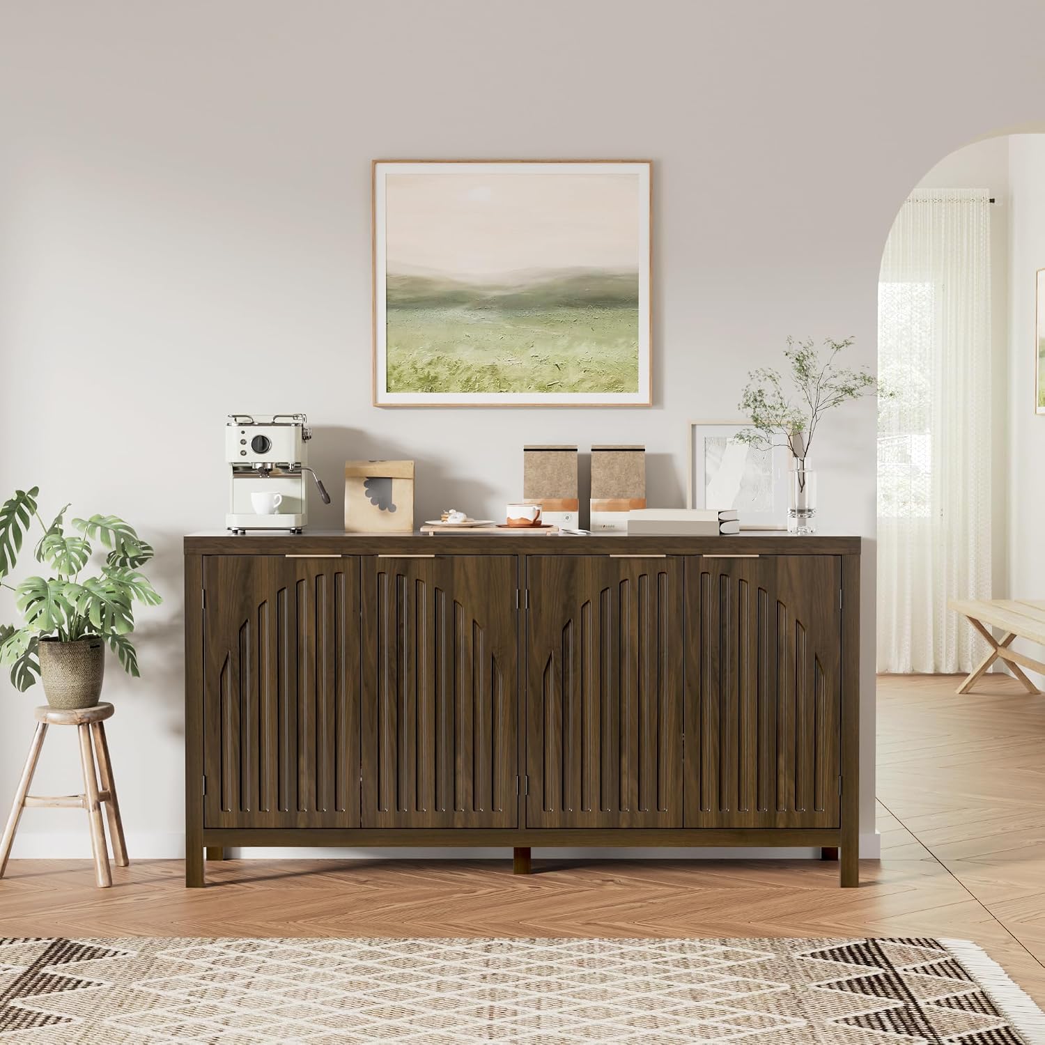 Fluted Sideboard Buffet Cabinet with Storage, Mid Century Modern Storage Cabinet with Arch Doors, 58" Large Wood Media TV Console Table Credenza for Living Room, Dining Room, Kitchen, Entryway, Brown