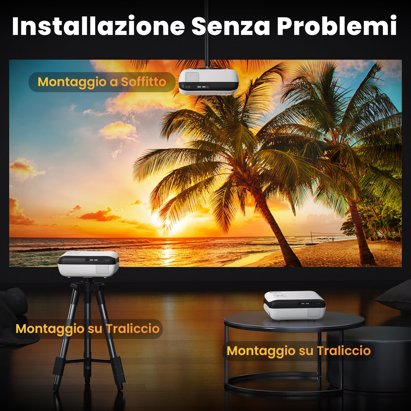HOPVISION Proiettore 9500Lumen 4K Supportato, Mini Portatile Bluetooth Full HD 1080P, Videoproiettore Home Cinema Compatibile Con Smartphone/HDMI/USB/Laptop/Fire Stick/PS5