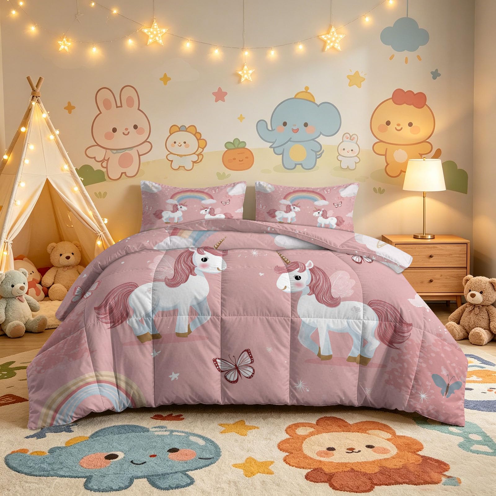 Edredón para las 4 estaciones, 155 x 220 cm, diseño de dibujos animados, unicornio, arco iris, mariposa, cálido, sin funda, hipoalergénico, lavable con 2 fundas de almohada de 80 x 80 cm