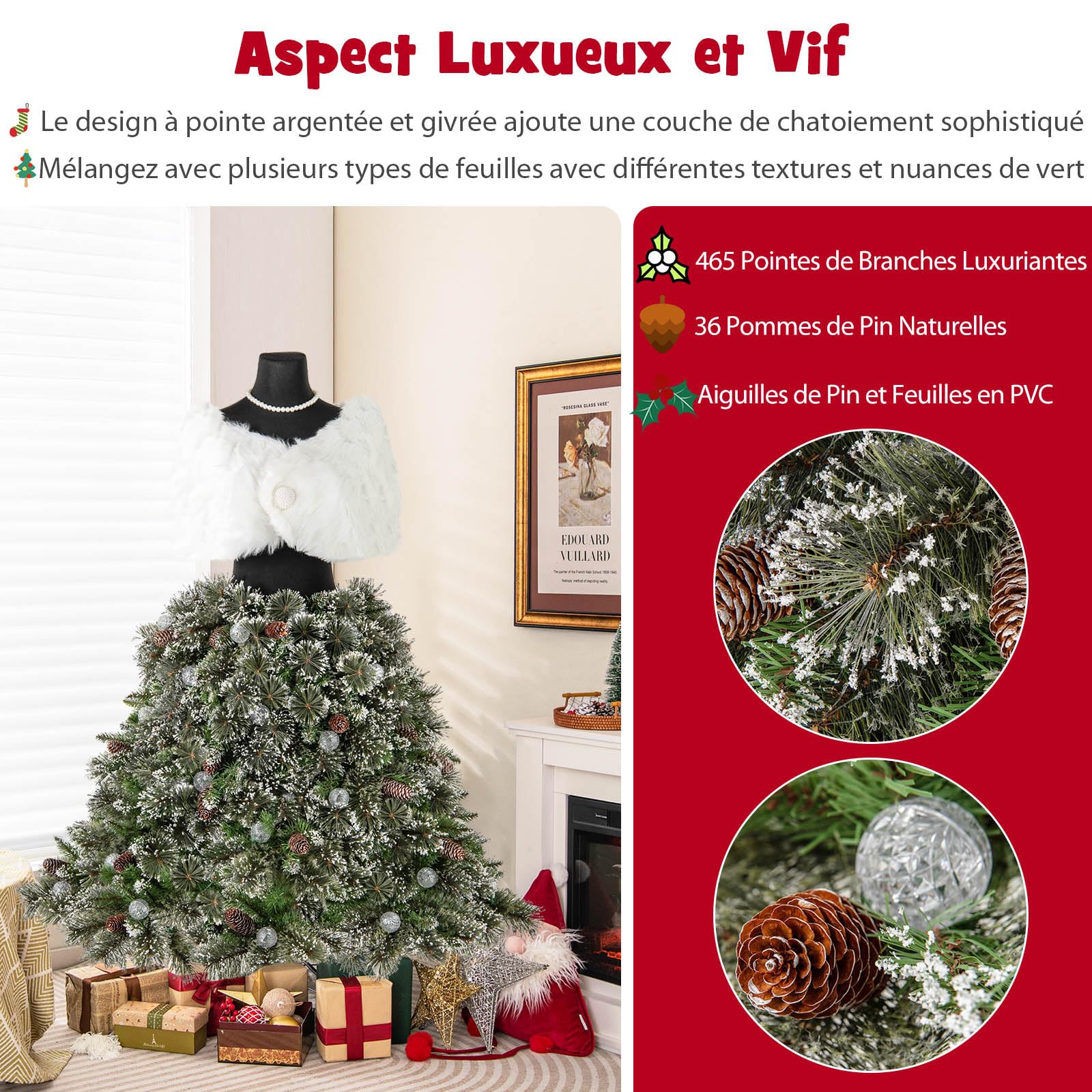 GYMAX Sapin de Noël Artificiel 150 cm Lumineux et Mannequin 2-en-1, avec Châle Blanc, Collier, 50 Lumières LED Blanc Chaud, 465 Branches et 36 Pommes de Pin, Décoration pour Magasin, Maison