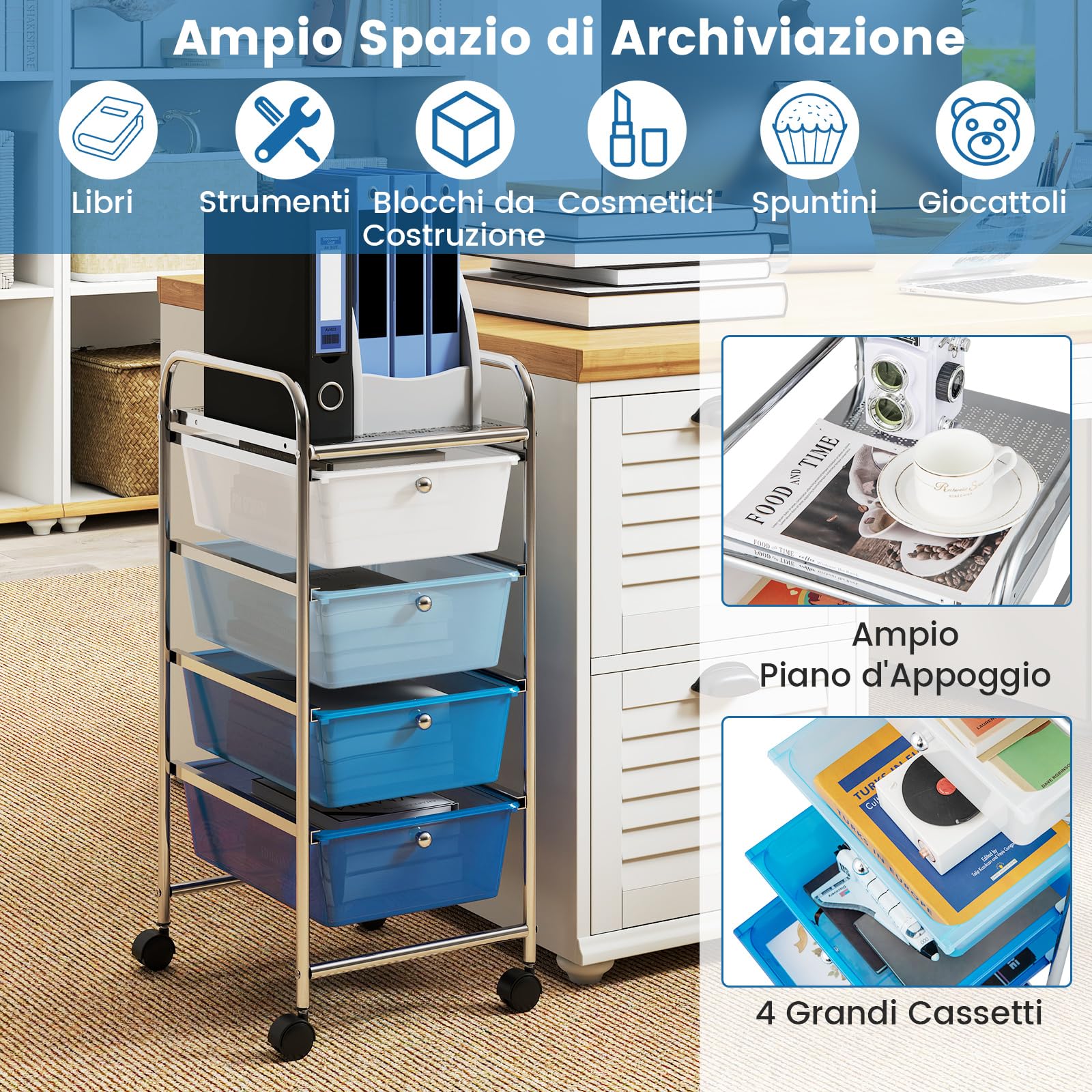 COSTWAY Carrello Portaoggetti con 4 Cassetti, Cassettiera Rimovibili in Plastica, Carrello di Stoccaggio con Ruote per Casa Bagno e Ufficio, 37x32x76 cm (Blu)