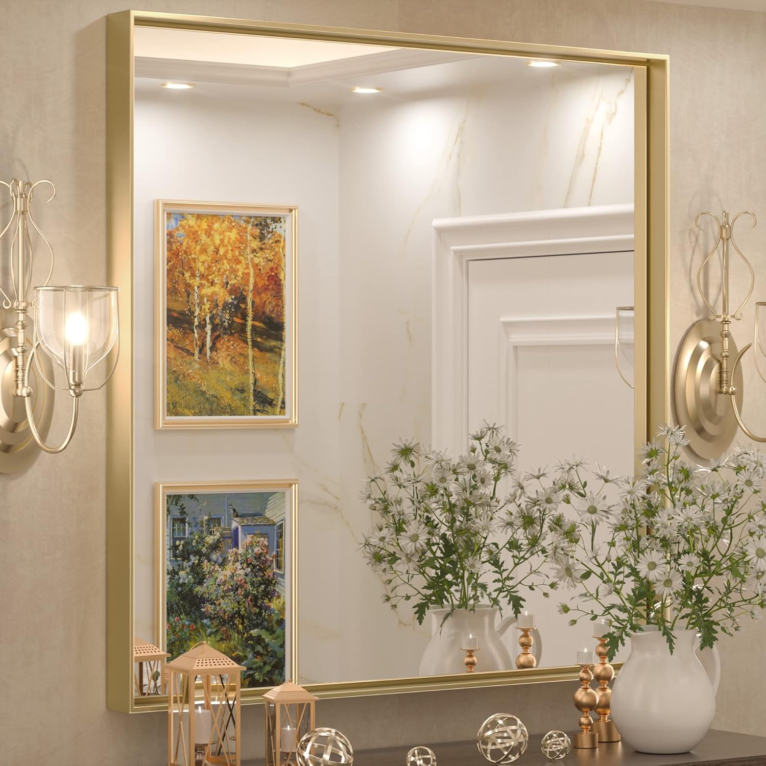 Keonjinn Gold Wall Mirror 36 x 36 Inch Gold Trimmed Bathroom Mirror