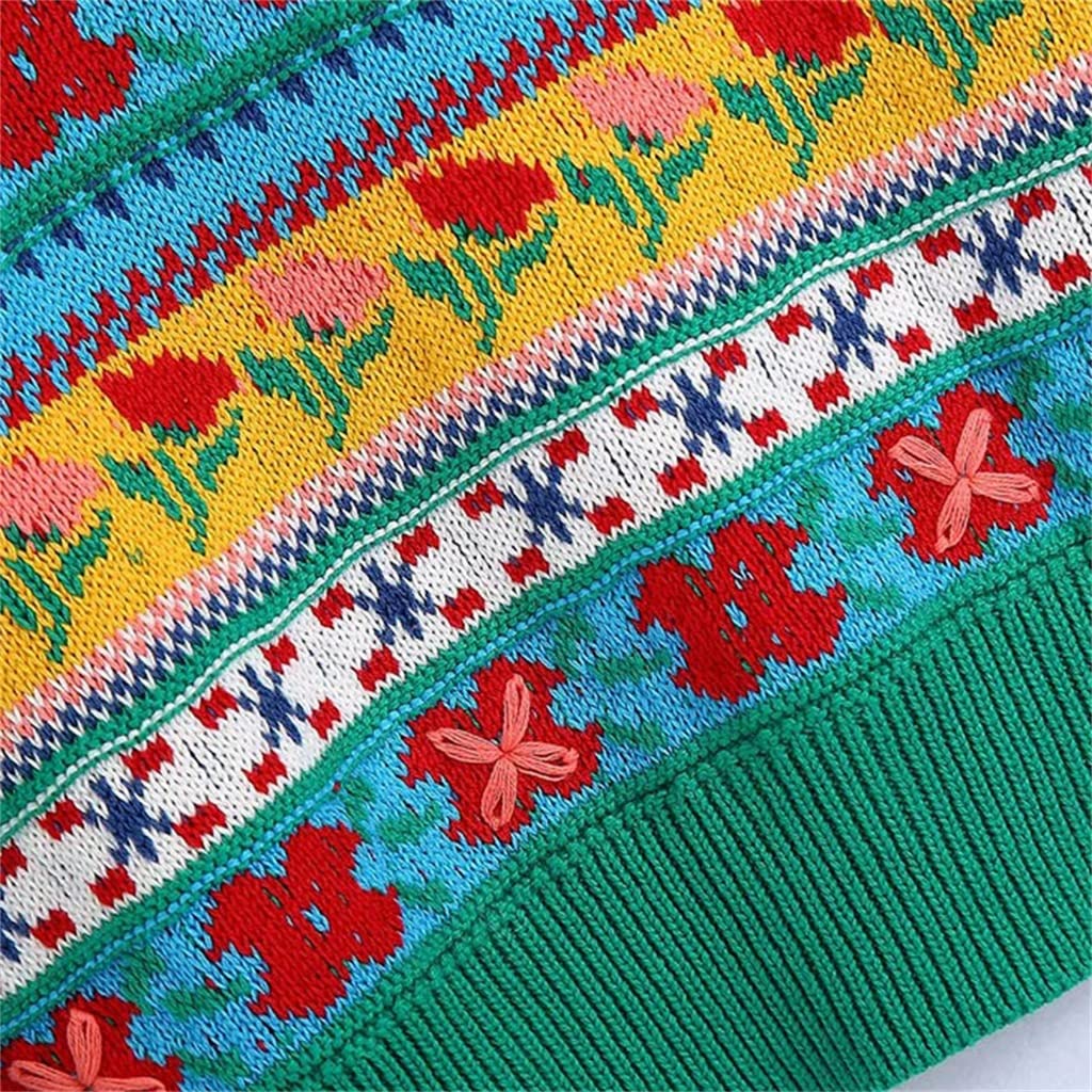 RWRAPS Chaleco Casual Todo Fósforo Floral de Punto Jacquard Chaleco Suéter Retro con Cuello en V Sin Mangas Chaleco de Mujer Top Elegante (Color: D, Tamaño: M Código) (Código DL)