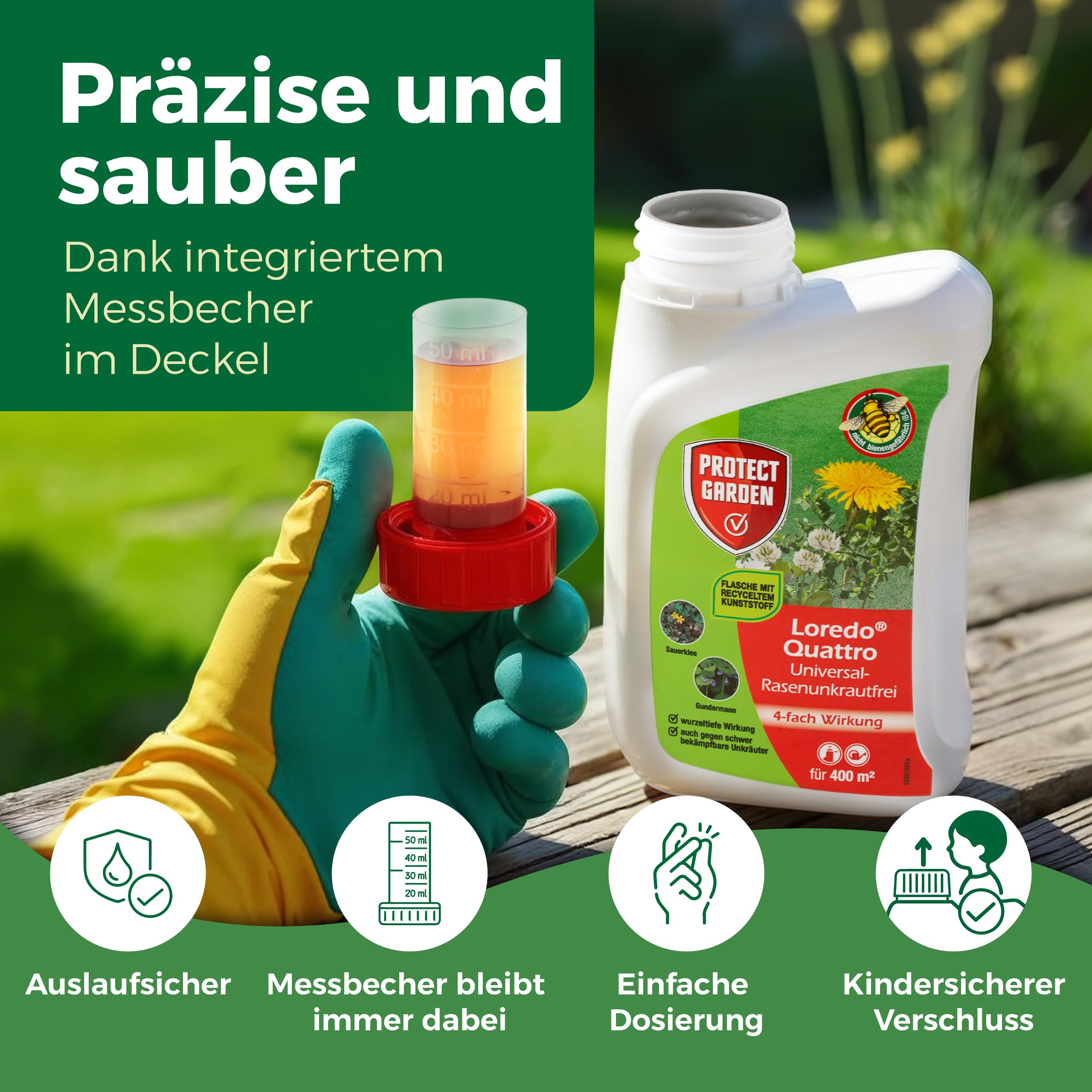 PROTECT GARDEN Universal-Rasenunkrautfrei Loredo Quattro Rasen-Unkrautvernichter gegen hartnäckige Unkräuter mit 4-fach Wirkung, 400 ml