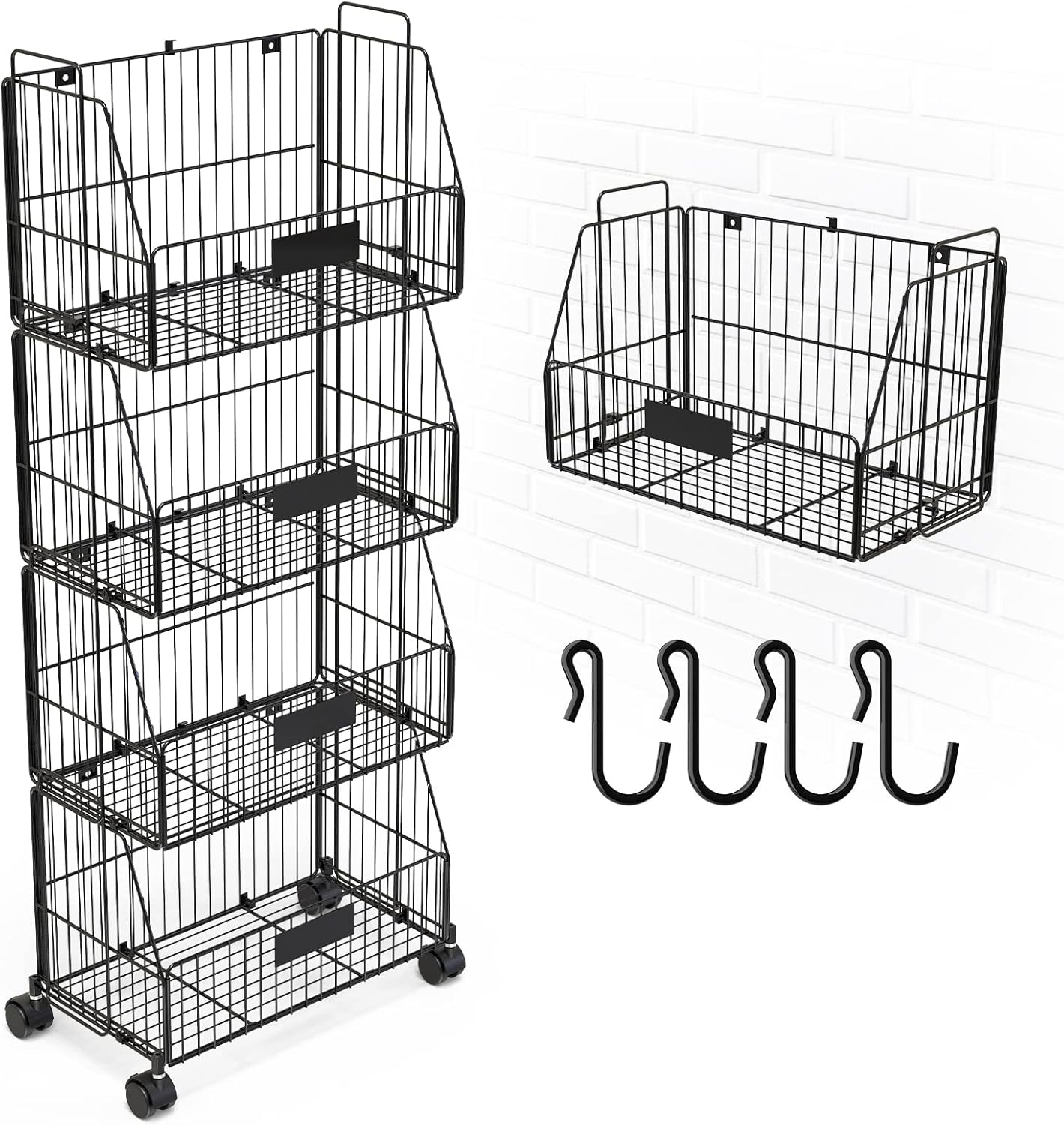 YAKSHA 4Tier Stackable Wire Baskets with Handle for