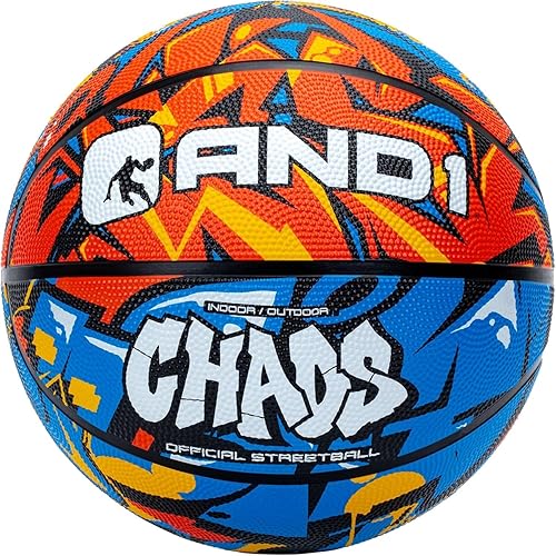 AND1 Chaos Rubber Basketball Official Regulation Size 7 (29.5 inches) Rubber Basketball - Deep Channel Construction Streetball, Made for Indoor