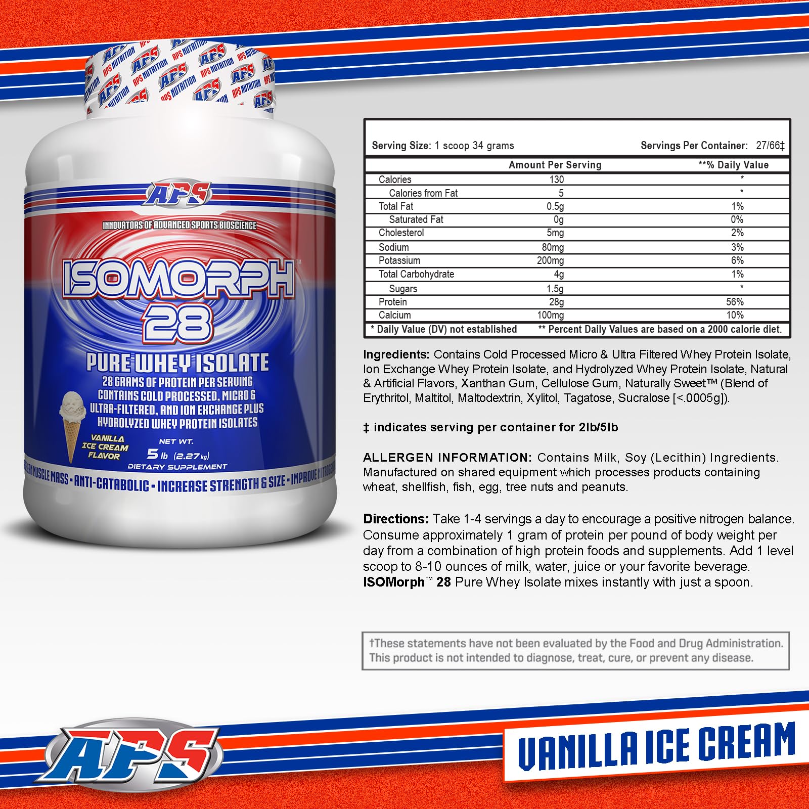 APS Nutrition Isomorph 28 Protein Powder | Pure Whey Isolate | Cold Pressed, Ultra- Filtered, & Ion Exchange Isolates | 28g Protein | 5 Pound (Vanilla Ice Cream)