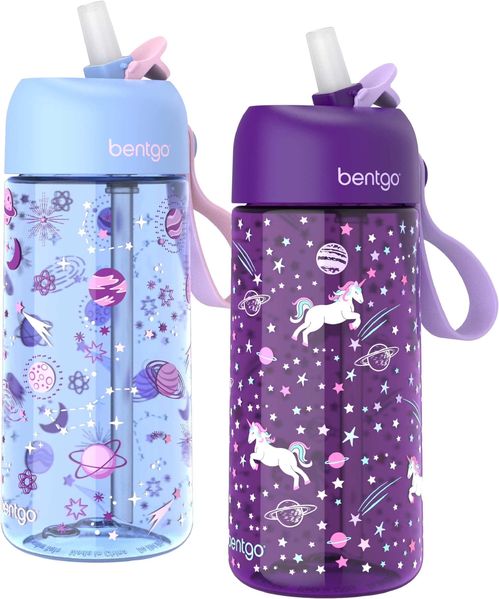 Bentgo Kids Water Bottle 2-Pack - Leak-Proof Durable Tritan BPA-Free 15 oz Cup for Kids/Toddlers Ages 3+; Bite & Sip Spout + Dishwasher Safe for School/Sports/Daycare/Camp (Unicorn/Lavender Galaxy)