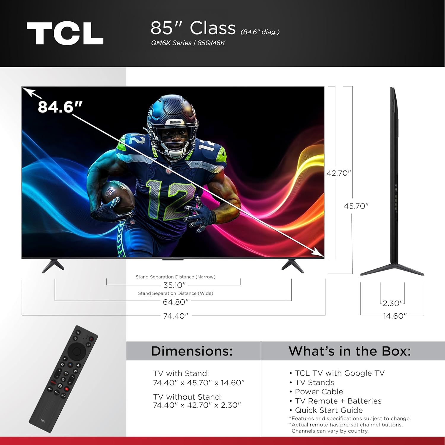 TCL 85 Inch Class QM6K Series | Mini LED QLED 4K HDR | 85QM6K, 2025 Model | 120HZ-144HZ High Brightness Smart Google TV Dolby Atmos Onkyo Audio | Voice Remote Alexa Gaming Streaming Television thumbnail