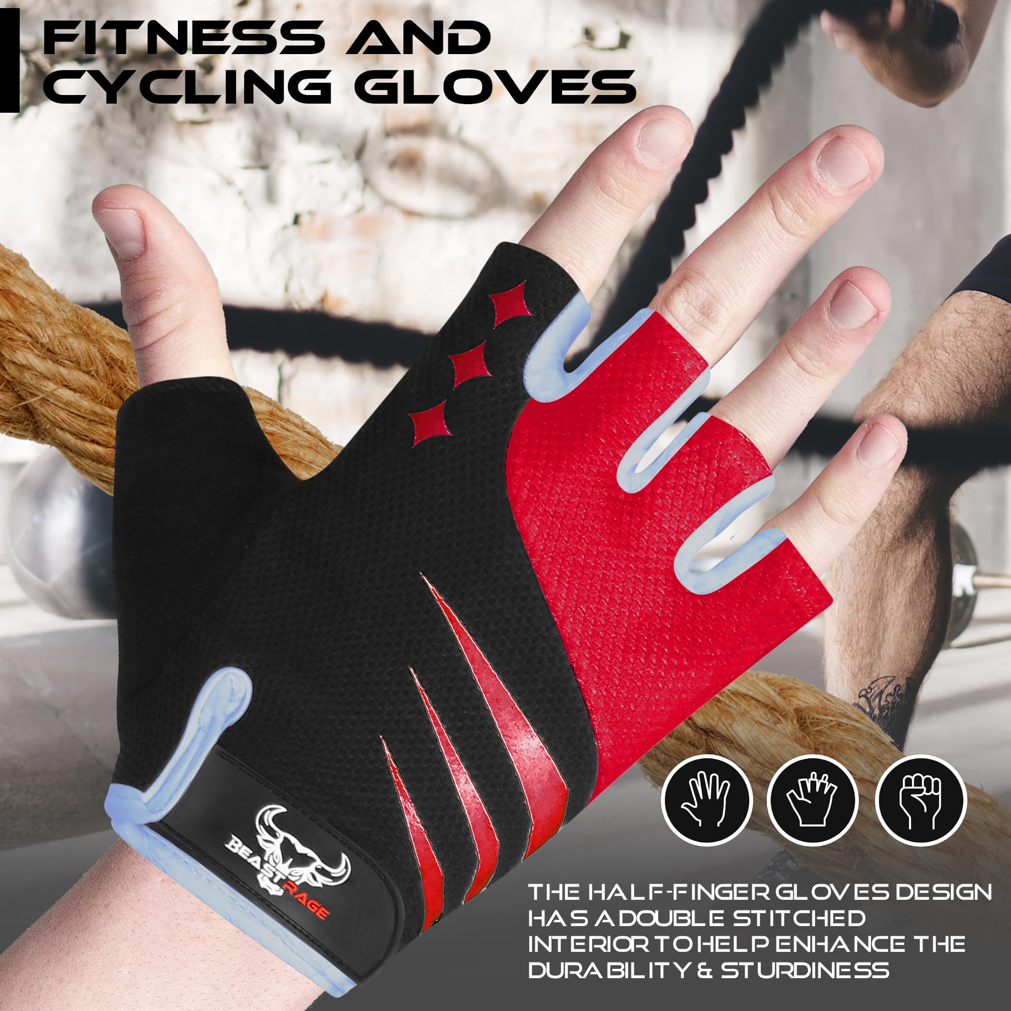 BEAST RAGE Guantes de Ciclismo de Medio Dedo para Hombres y Mujeres, Acolchados de Gel, Antideslizantes, absorción de Golpes, Guantes de Gimnasio, Guantes de Bicicleta de montaña
