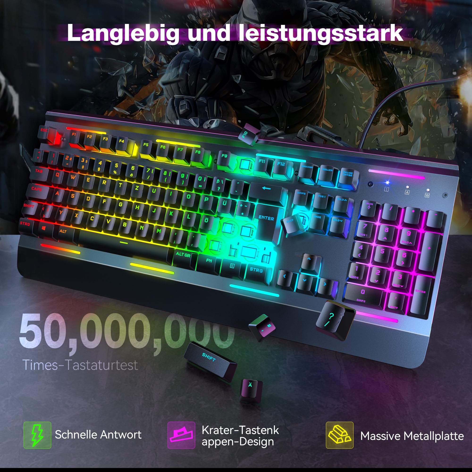 TECKNET RGB Gaming Tastatur mit Vollmetall-Gehäuse, Membrantastatur [Deutsches Layout] 105 Tasten, ergonomische Handgelenkauflage, 25 Tasten Anti-Ghosting, 15 RGB-Modi für PC, Laptop & Office