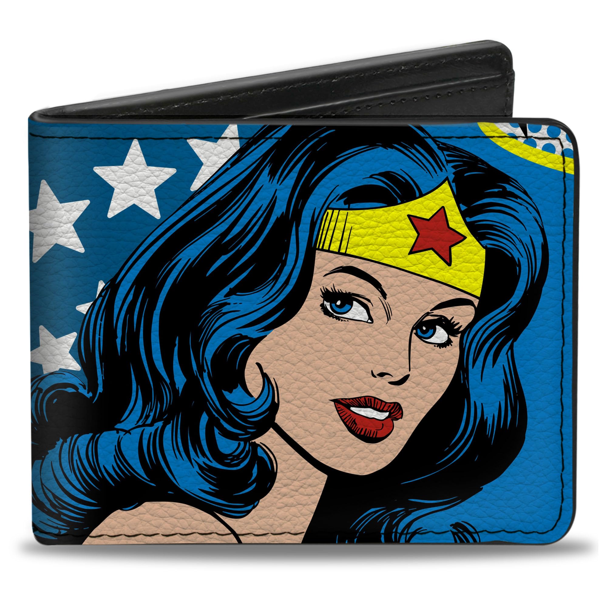 Buckle-Down mens Buckle-down Pu Bifold - Wonder Woman Stars/Face Halftone Blues/Red/Yellow/White Wallet, Multicolor, One Size US