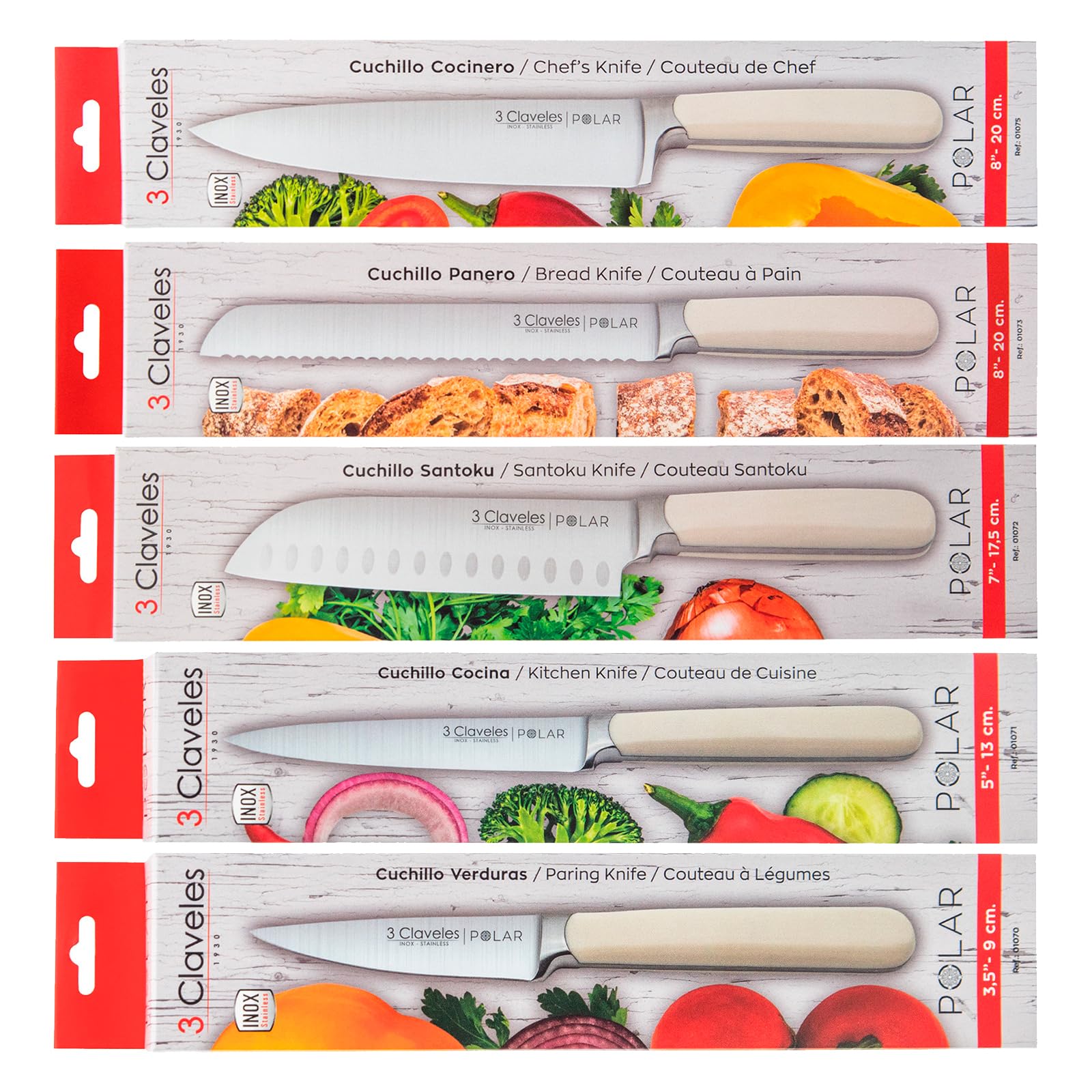 3 Claveles - Juego de 5 Cuchillos de Cocina Profesionales en Acero Forjado con Taco Universal Incluido (5X Polar)