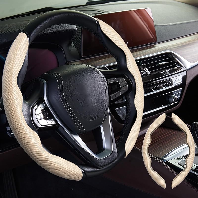 Capa para Volante em Fibra de Carbono WOCOCN Bege com Design Antiderrapante, Kit com 2 Peças